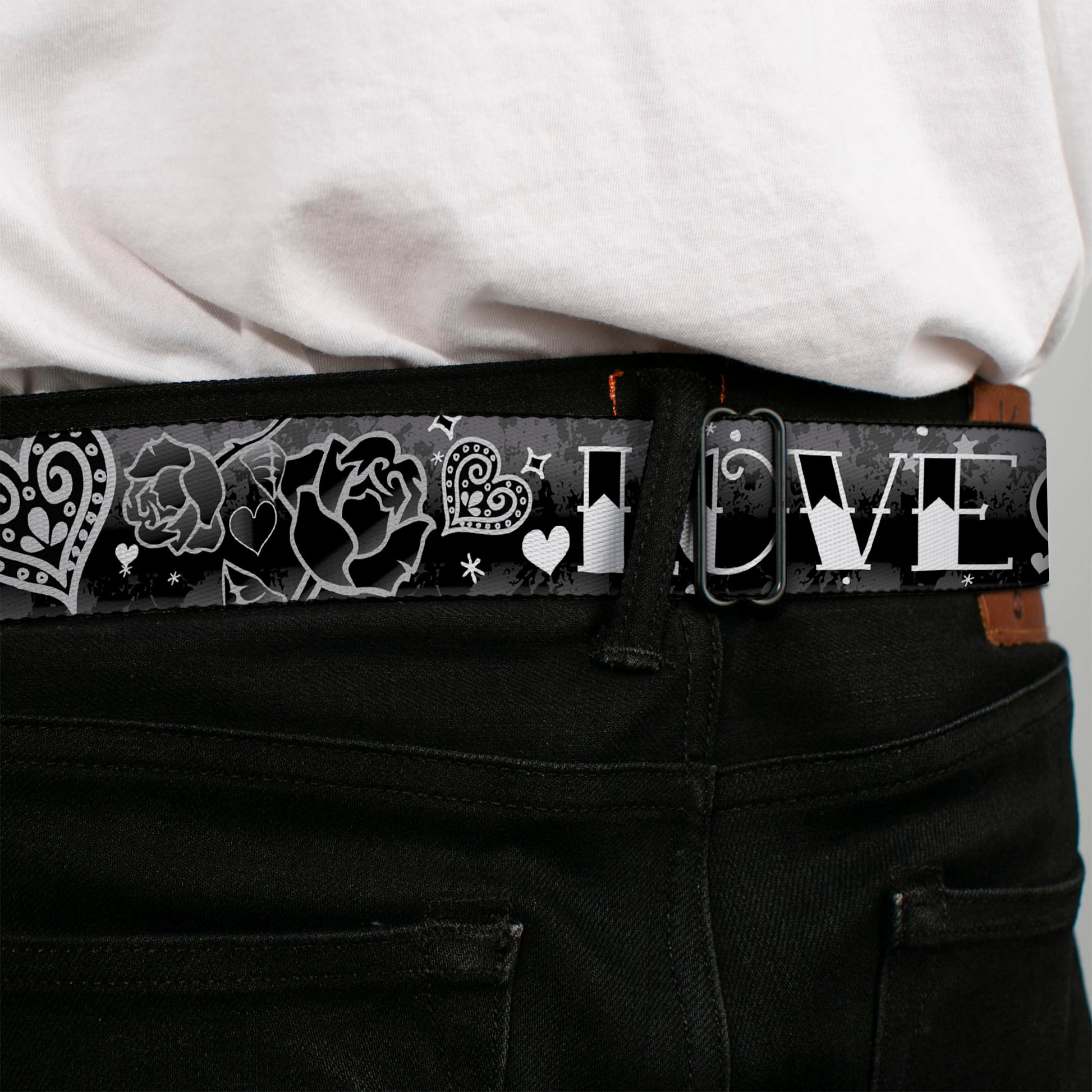 BD Wings Logo CLOSE-UP Full Color Black Silver Seatbelt Belt - Love Love Black/White Webbing Seatbelt Belts Buckle-Down
