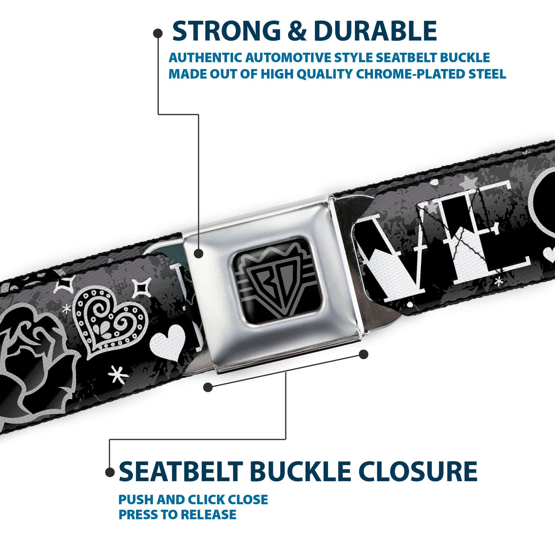 BD Wings Logo CLOSE-UP Full Color Black Silver Seatbelt Belt - Love Love Black/White Webbing Seatbelt Belts Buckle-Down
