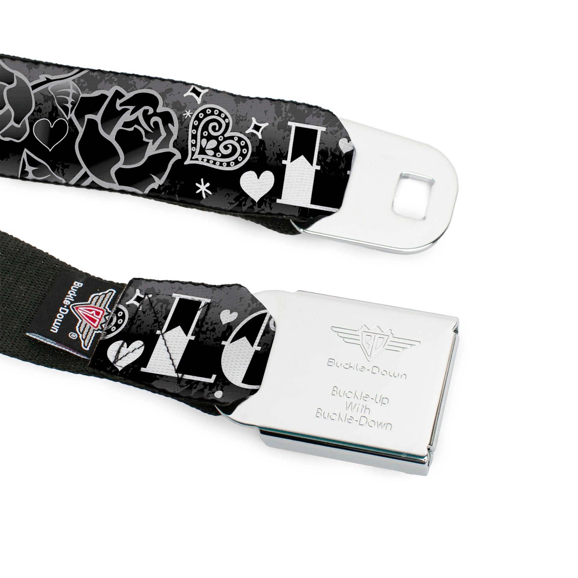 BD Wings Logo CLOSE-UP Full Color Black Silver Seatbelt Belt - Love Love Black/White Webbing Seatbelt Belts Buckle-Down