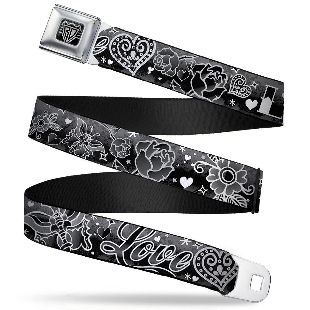 BD Wings Logo CLOSE-UP Full Color Black Silver Seatbelt Belt - Love Love Black/White Webbing Seatbelt Belts Buckle-Down