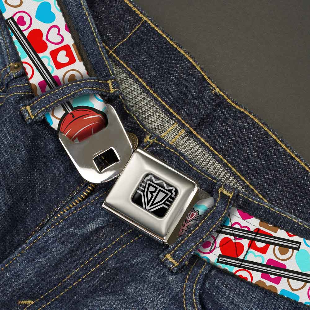 BD Wings Logo CLOSE-UP Full Color Black Silver Seatbelt Belt - Lollipop Hearts White Webbing Seatbelt Belts Buckle-Down