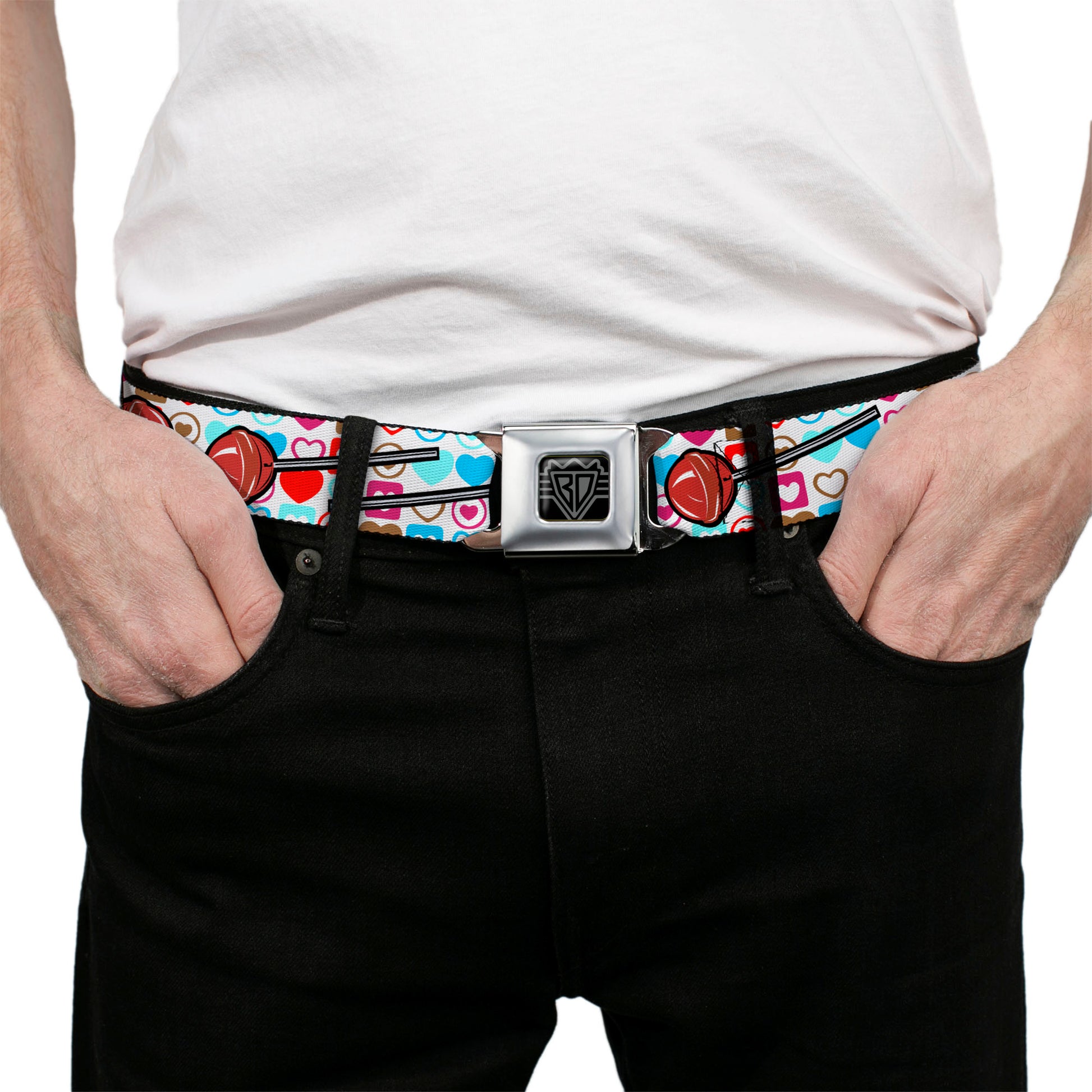 BD Wings Logo CLOSE-UP Full Color Black Silver Seatbelt Belt - Lollipop Hearts White Webbing Seatbelt Belts Buckle-Down