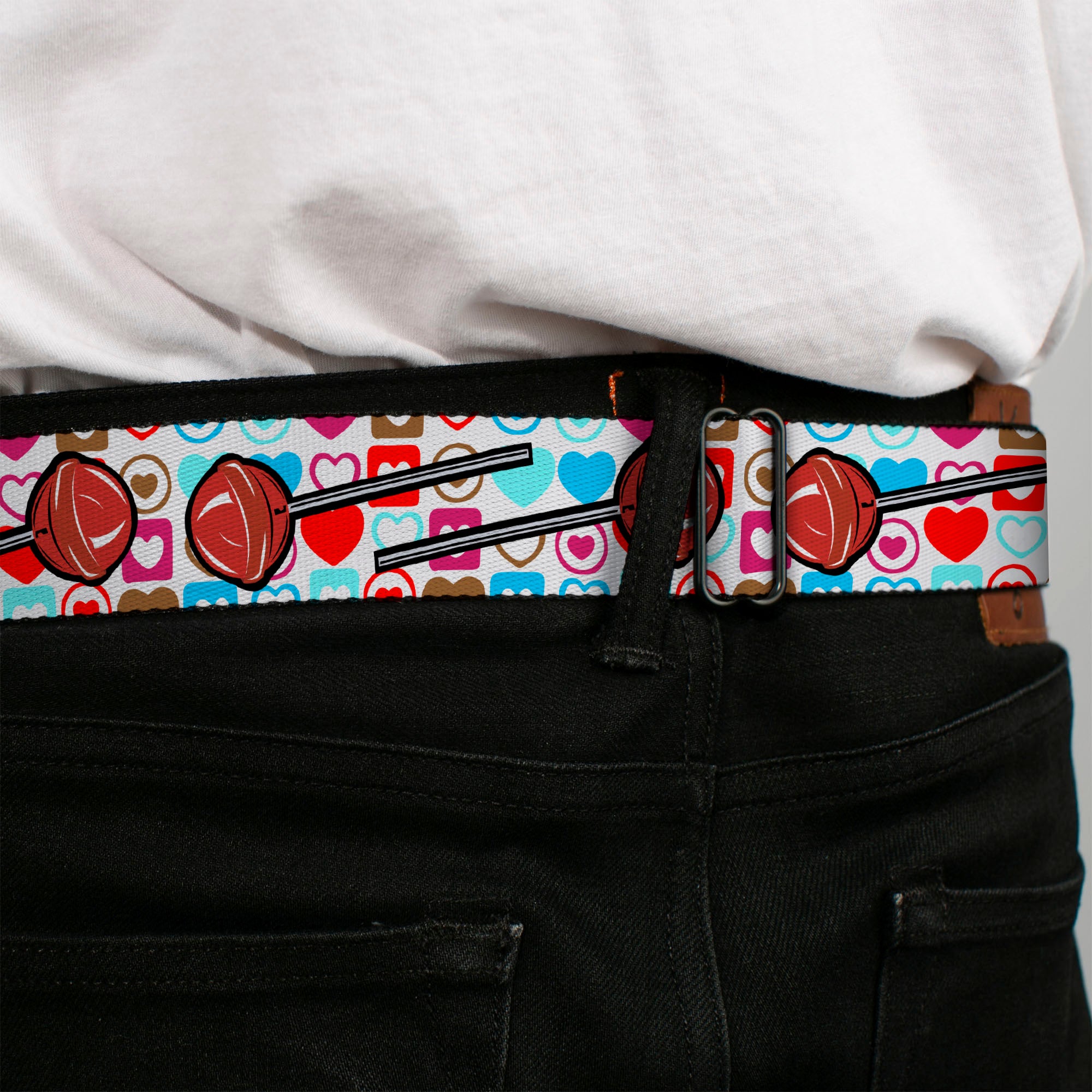 BD Wings Logo CLOSE-UP Full Color Black Silver Seatbelt Belt - Lollipop Hearts White Webbing Seatbelt Belts Buckle-Down