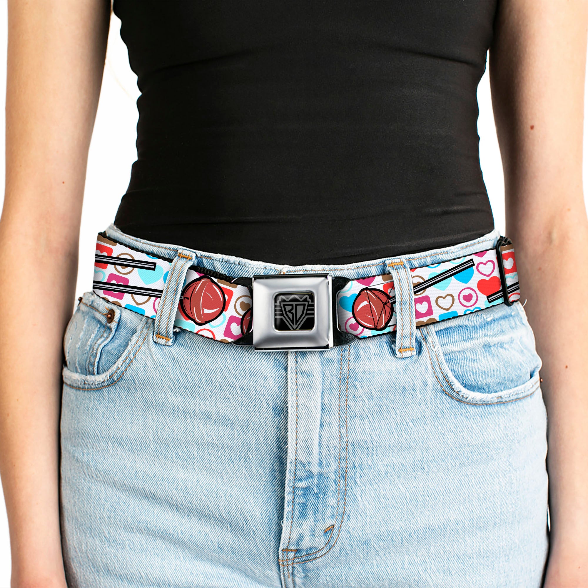 BD Wings Logo CLOSE-UP Full Color Black Silver Seatbelt Belt - Lollipop Hearts White Webbing Seatbelt Belts Buckle-Down