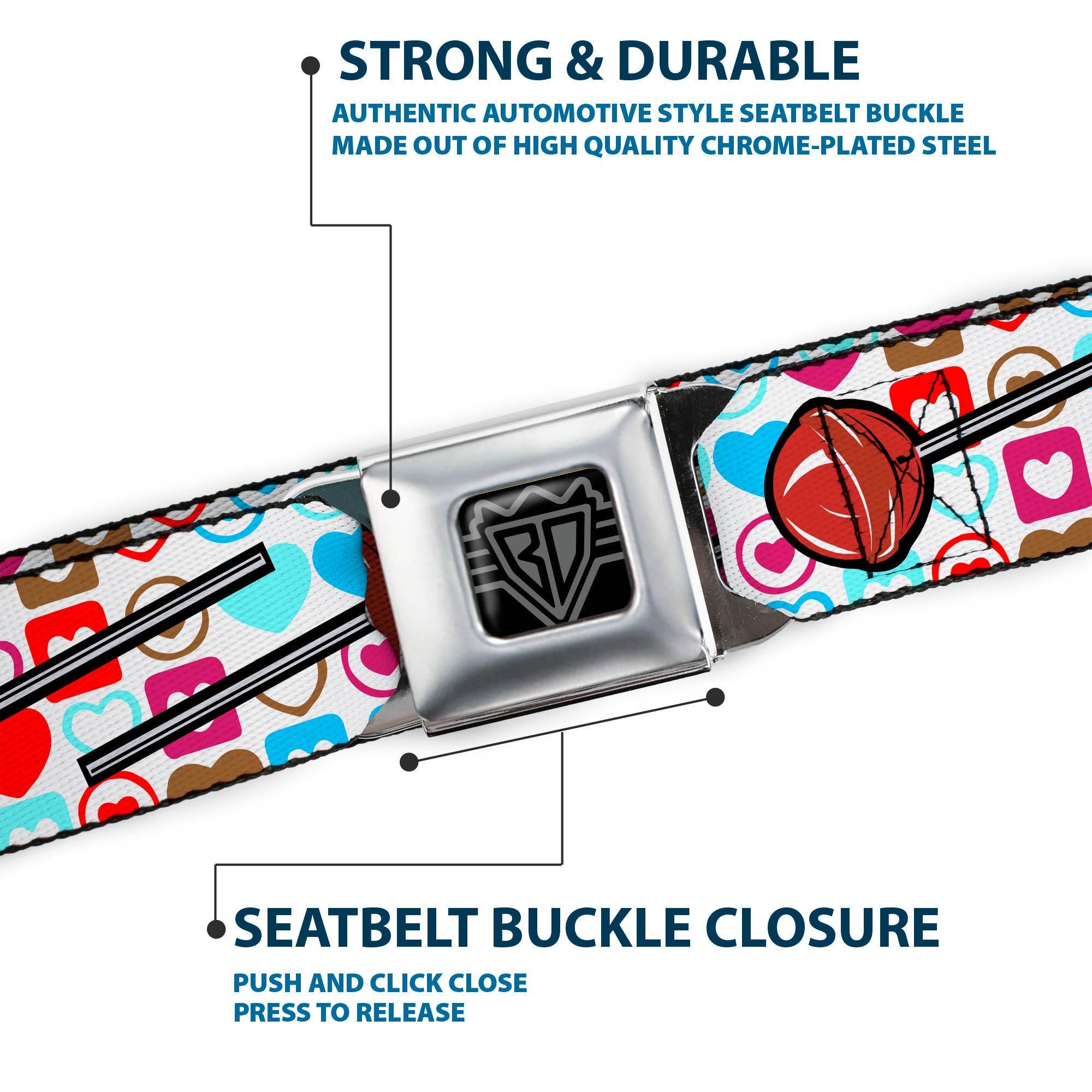 BD Wings Logo CLOSE-UP Full Color Black Silver Seatbelt Belt - Lollipop Hearts White Webbing Seatbelt Belts Buckle-Down