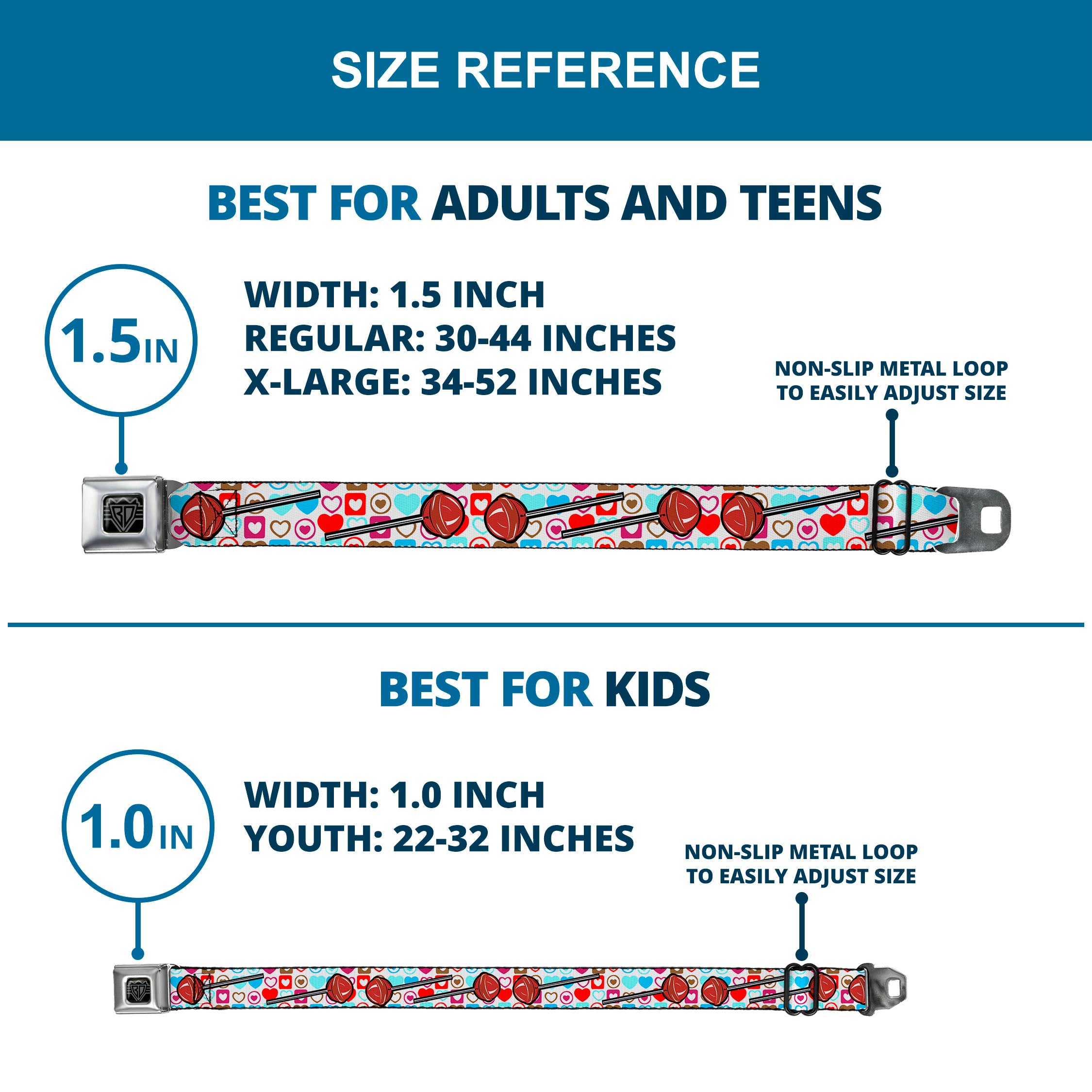 BD Wings Logo CLOSE-UP Full Color Black Silver Seatbelt Belt - Lollipop Hearts White Webbing Seatbelt Belts Buckle-Down