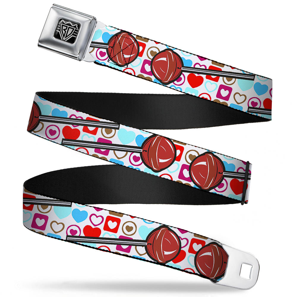 BD Wings Logo CLOSE-UP Full Color Black Silver Seatbelt Belt - Lollipop Hearts White Webbing Seatbelt Belts Buckle-Down