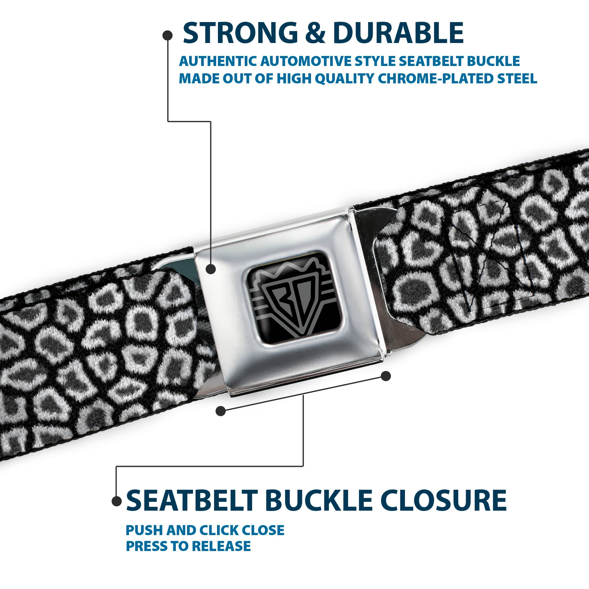 BD Wings Logo CLOSE-UP Full Color Black Silver Seatbelt Belt - Leopard Black Webbing Seatbelt Belts Buckle-Down