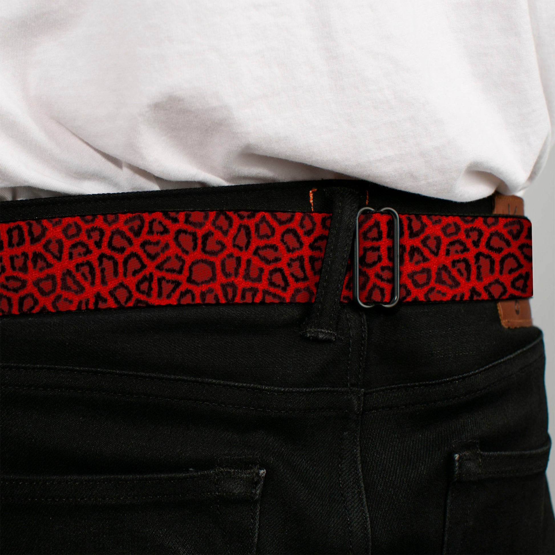 BD Wings Logo CLOSE-UP Full Color Black Silver Seatbelt Belt - Leopard Red Webbing Seatbelt Belts Buckle-Down