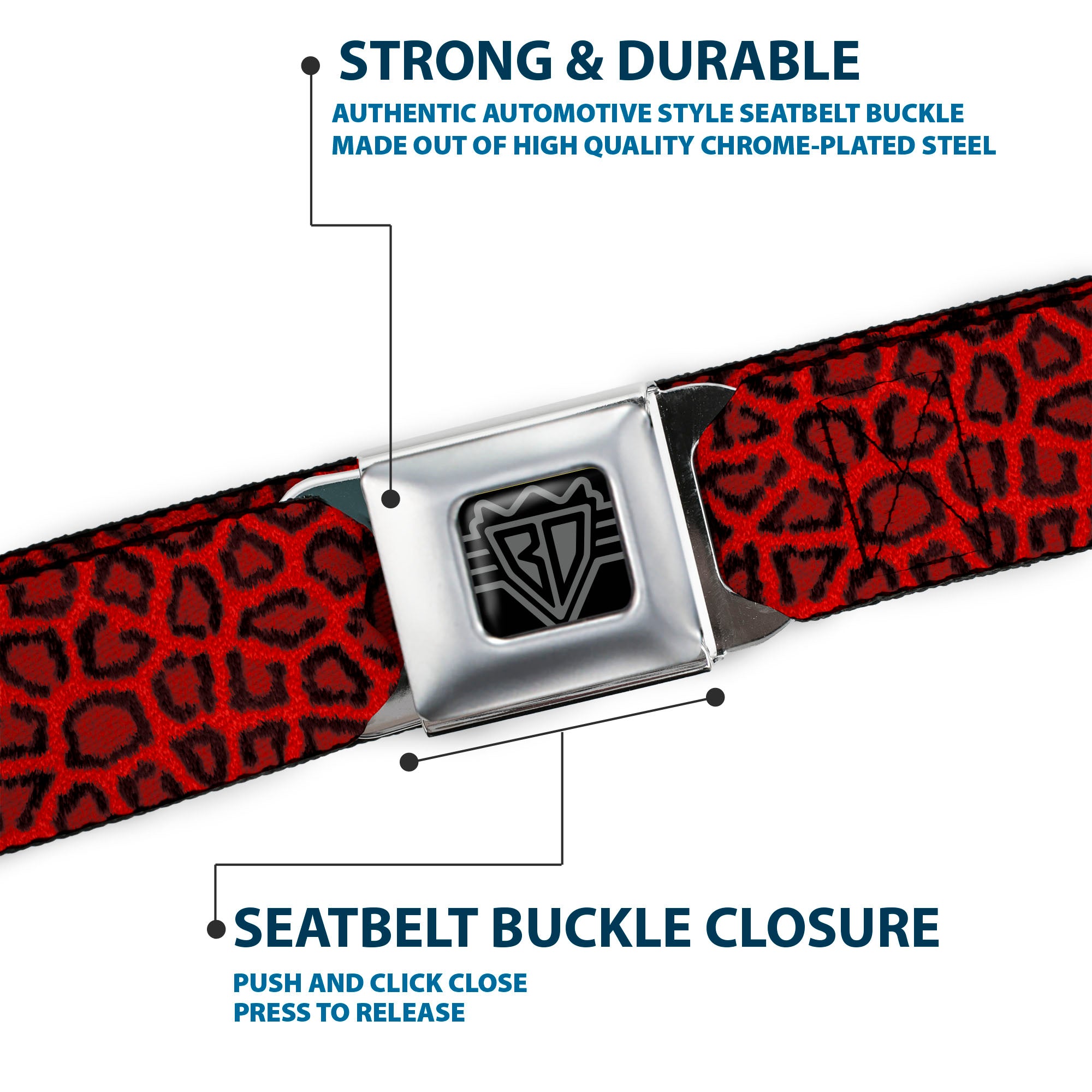 BD Wings Logo CLOSE-UP Full Color Black Silver Seatbelt Belt - Leopard Red Webbing Seatbelt Belts Buckle-Down