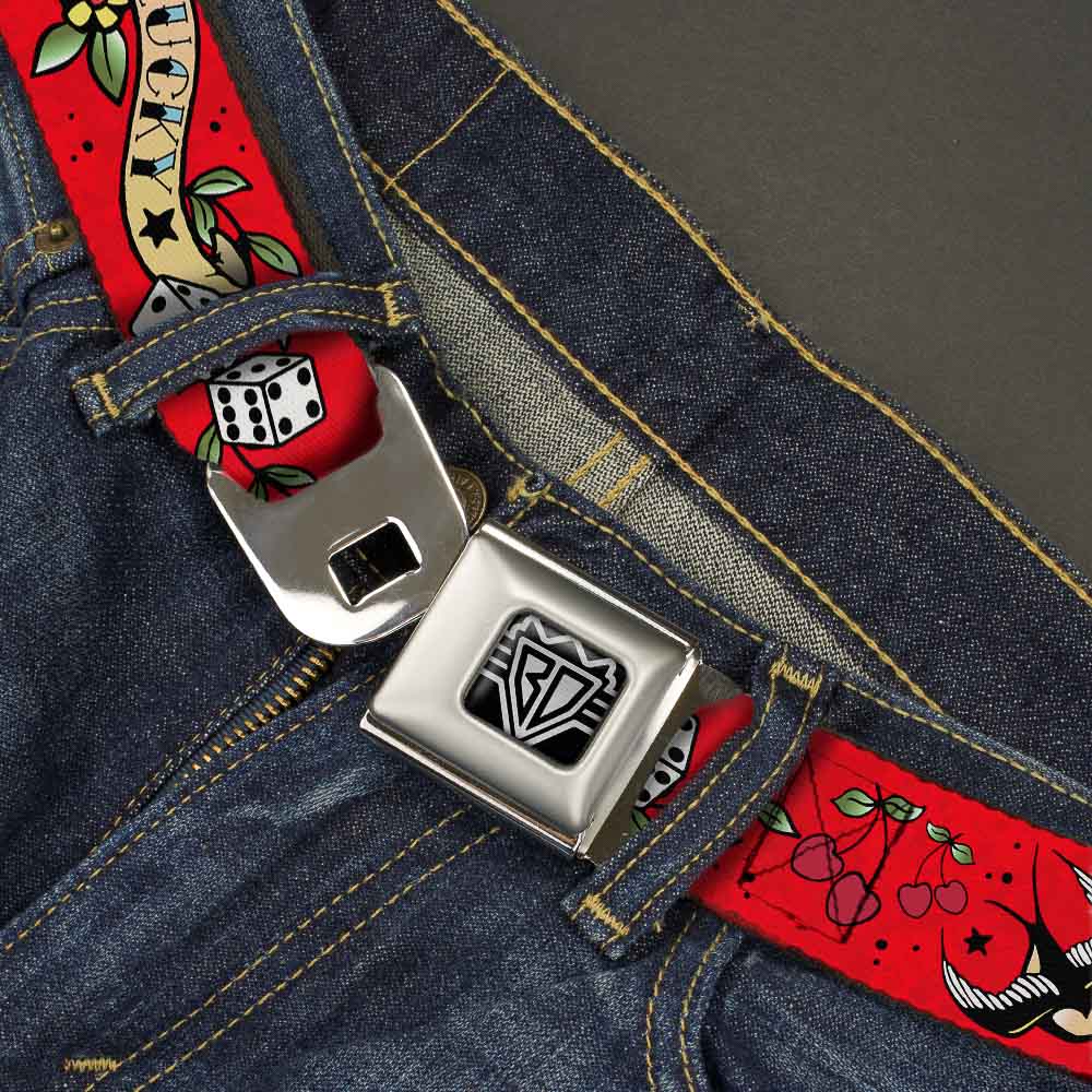 BD Wings Logo CLOSE-UP Full Color Black Silver Seatbelt Belt - Lucky Red Webbing Seatbelt Belts Buckle-Down