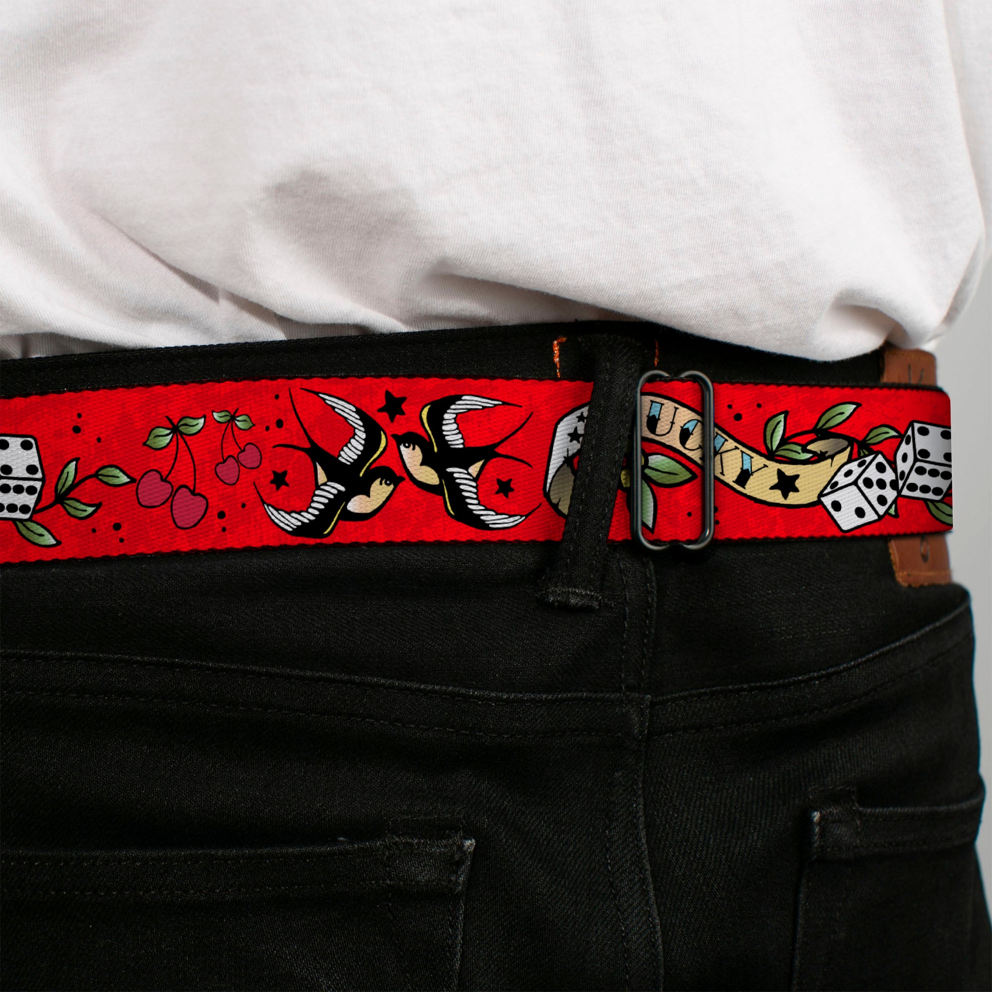 BD Wings Logo CLOSE-UP Full Color Black Silver Seatbelt Belt - Lucky Red Webbing Seatbelt Belts Buckle-Down