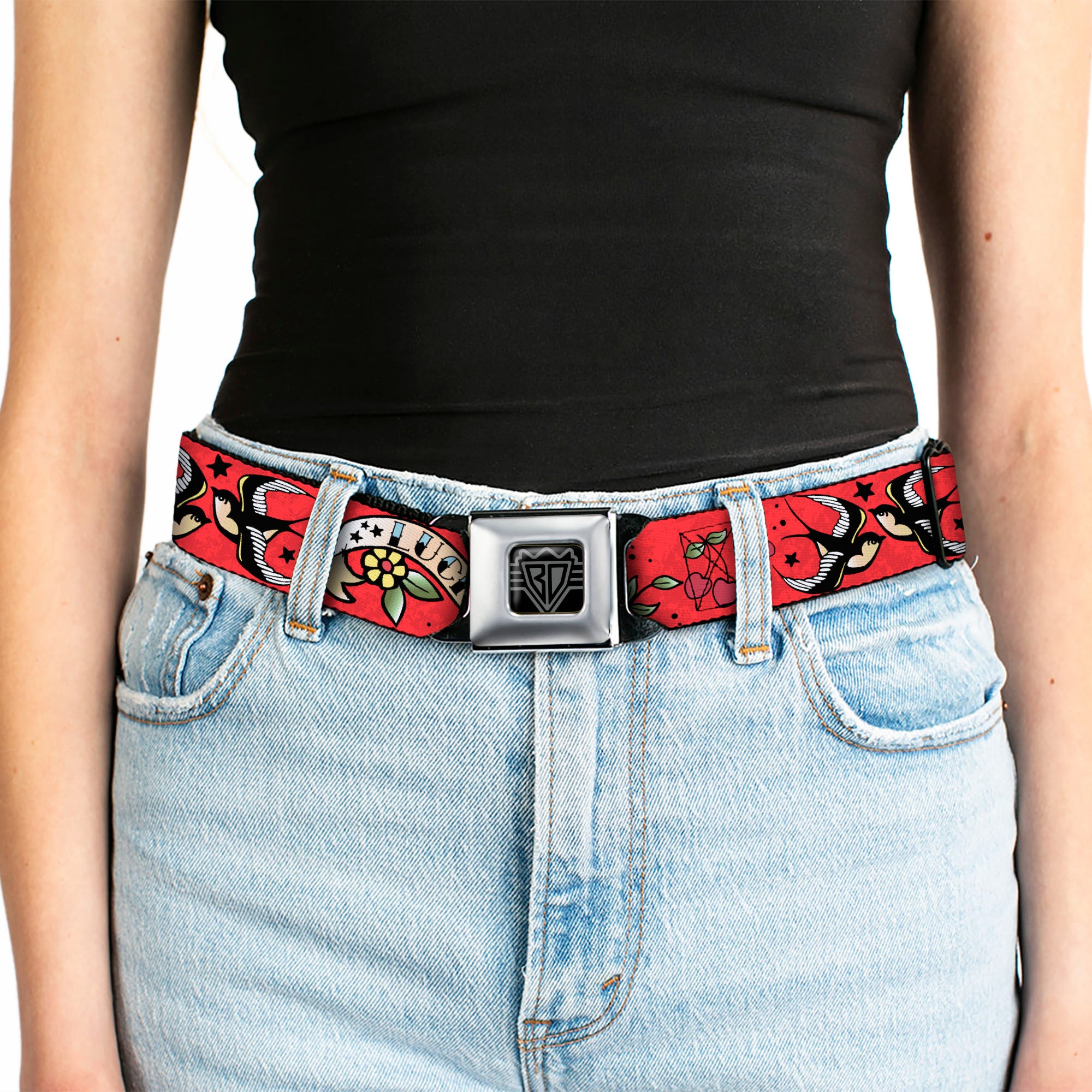 BD Wings Logo CLOSE-UP Full Color Black Silver Seatbelt Belt - Lucky Red Webbing Seatbelt Belts Buckle-Down