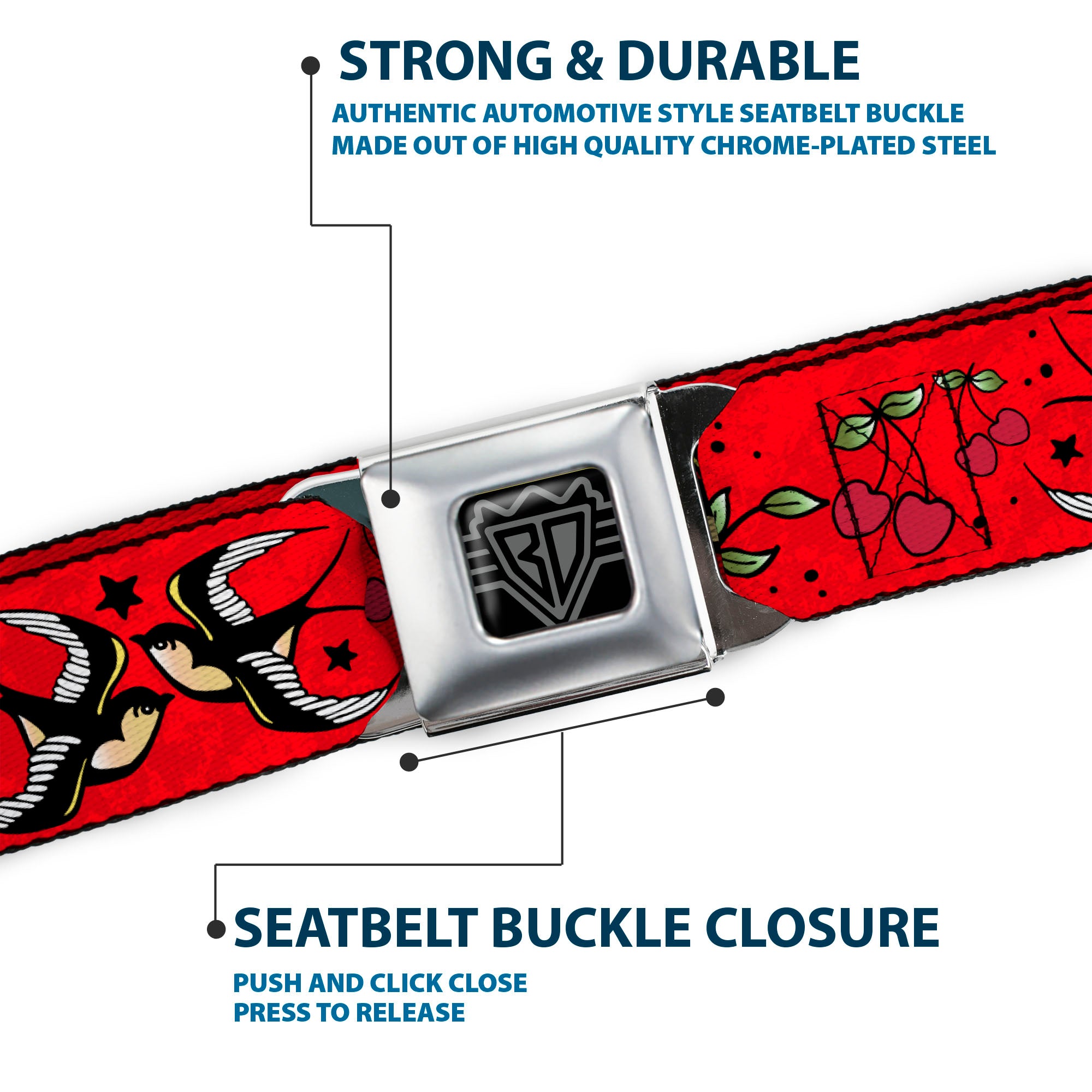 BD Wings Logo CLOSE-UP Full Color Black Silver Seatbelt Belt - Lucky Red Webbing Seatbelt Belts Buckle-Down