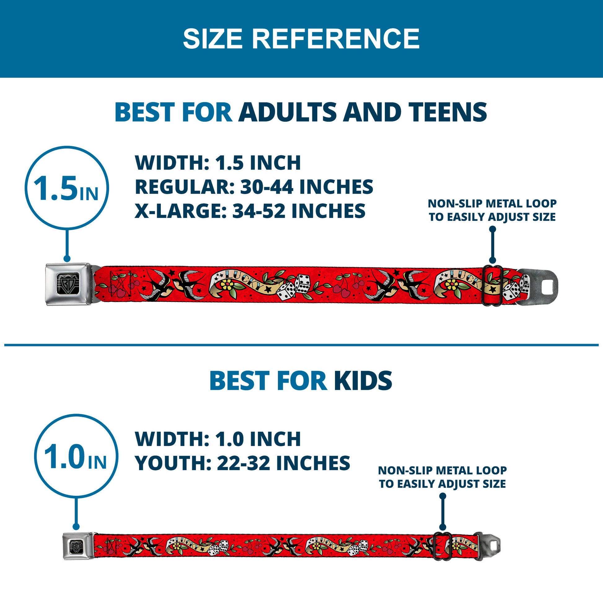 BD Wings Logo CLOSE-UP Full Color Black Silver Seatbelt Belt - Lucky Red Webbing Seatbelt Belts Buckle-Down