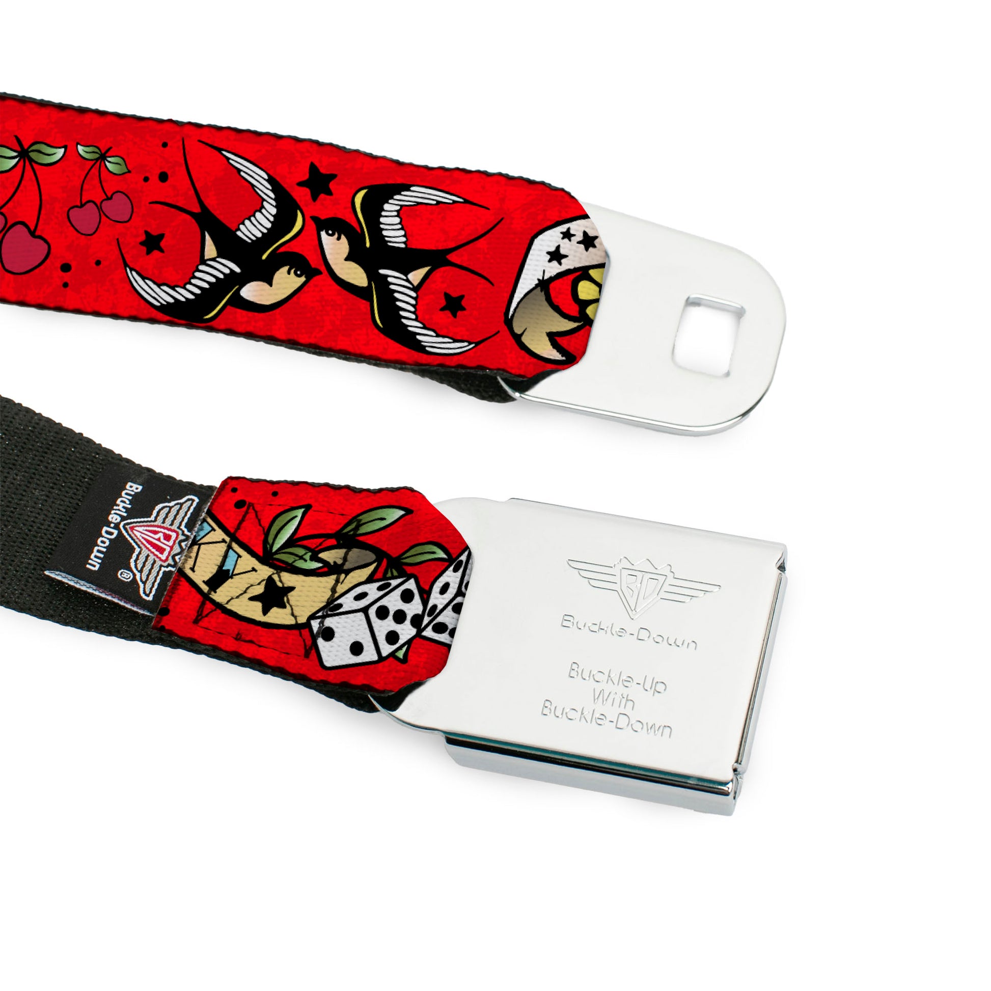 BD Wings Logo CLOSE-UP Full Color Black Silver Seatbelt Belt - Lucky Red Webbing Seatbelt Belts Buckle-Down