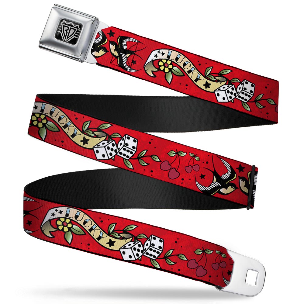 BD Wings Logo CLOSE-UP Full Color Black Silver Seatbelt Belt - Lucky Red Webbing Seatbelt Belts Buckle-Down