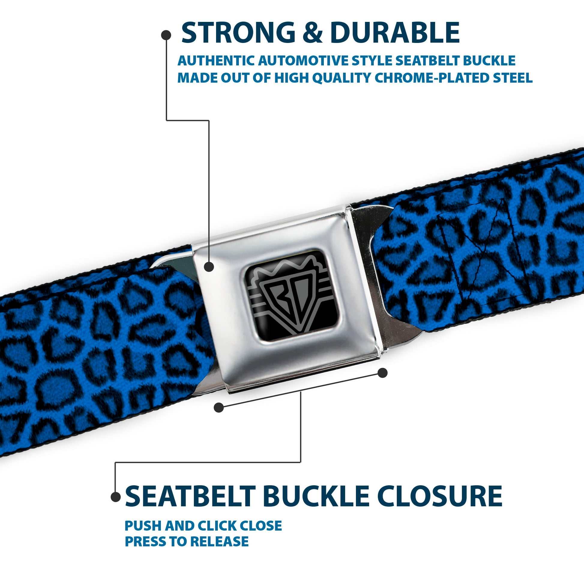 BD Wings Logo CLOSE-UP Full Color Black Silver Seatbelt Belt - Leopard Turquoise Webbing Seatbelt Belts Buckle-Down