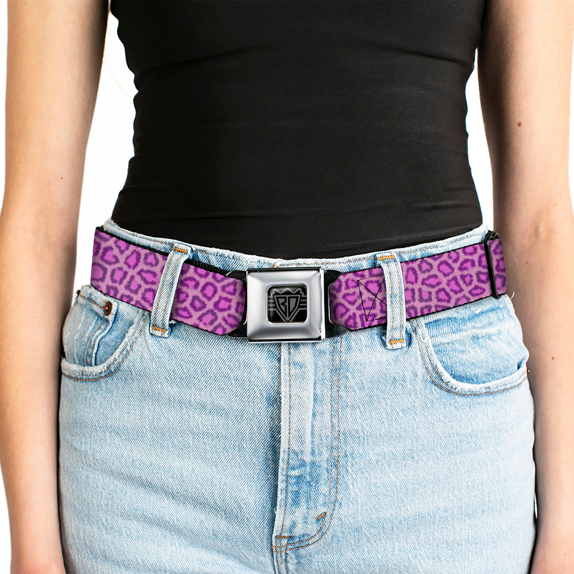 BD Wings Logo CLOSE-UP Full Color Black Silver Seatbelt Belt - Leopard Baby Pink Webbing Seatbelt Belts Buckle-Down
