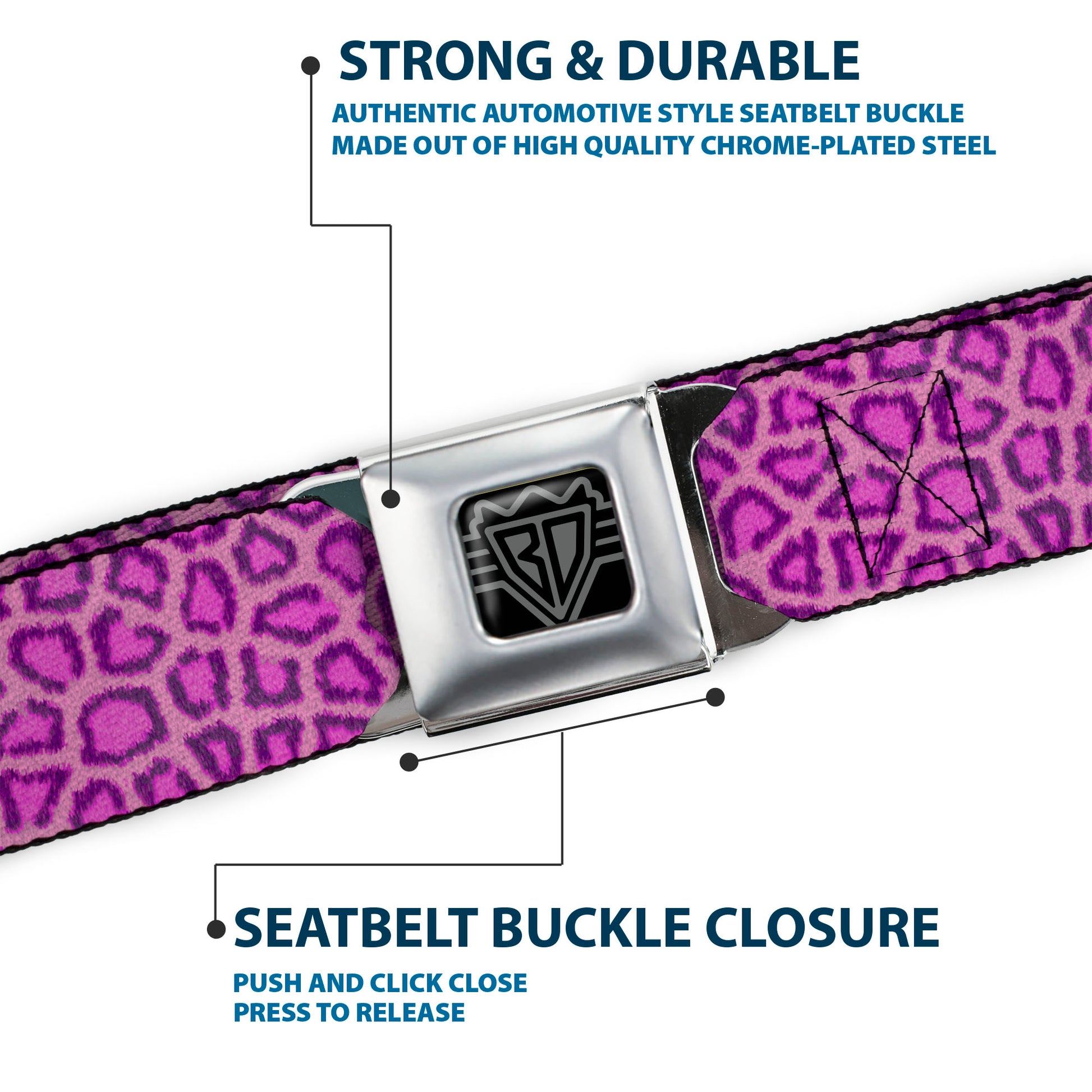 BD Wings Logo CLOSE-UP Full Color Black Silver Seatbelt Belt - Leopard Baby Pink Webbing Seatbelt Belts Buckle-Down