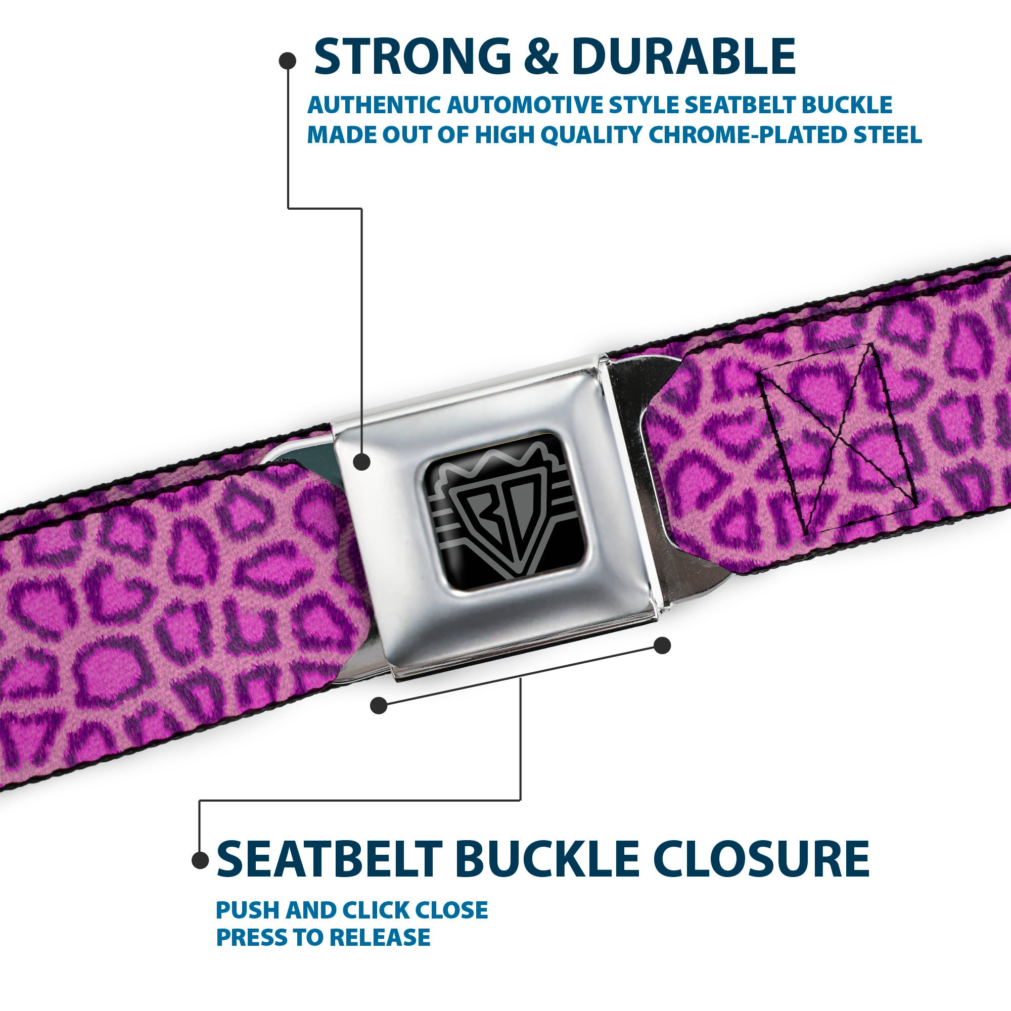 BD Wings Logo CLOSE-UP Full Color Black Silver Seatbelt Belt - Leopard Baby Pink Webbing Seatbelt Belts Buckle-Down