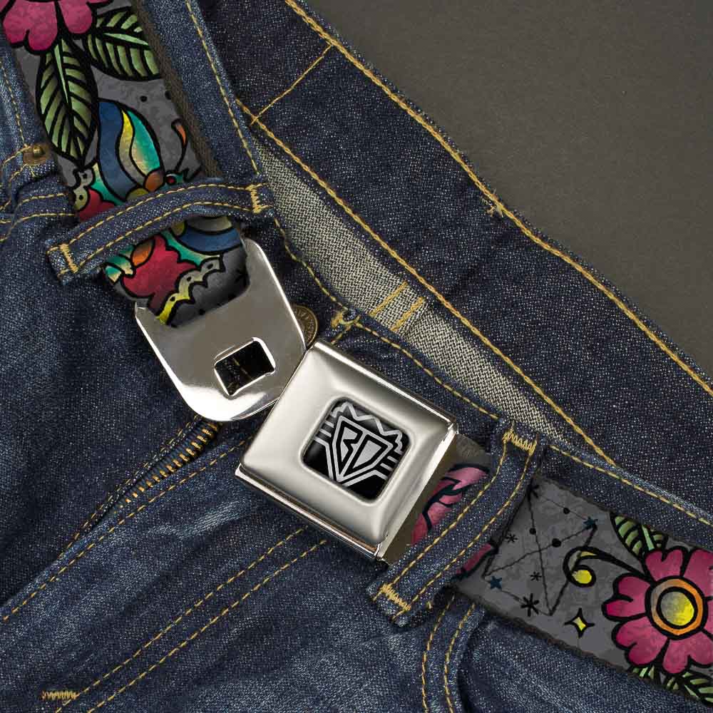 BD Wings Logo CLOSE-UP Full Color Black Silver Seatbelt Belt - Love Kills CLOSE-UP Gray Webbing Seatbelt Belts Buckle-Down