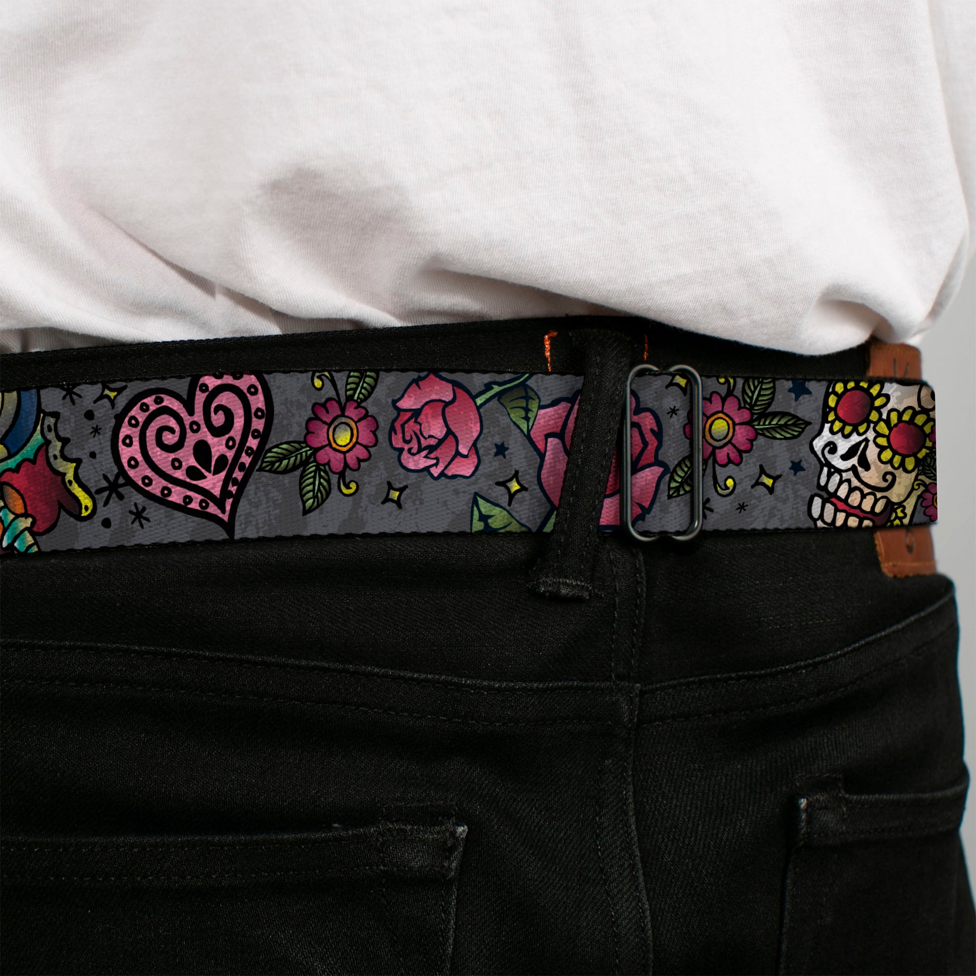 BD Wings Logo CLOSE-UP Full Color Black Silver Seatbelt Belt - Love Kills CLOSE-UP Gray Webbing Seatbelt Belts Buckle-Down