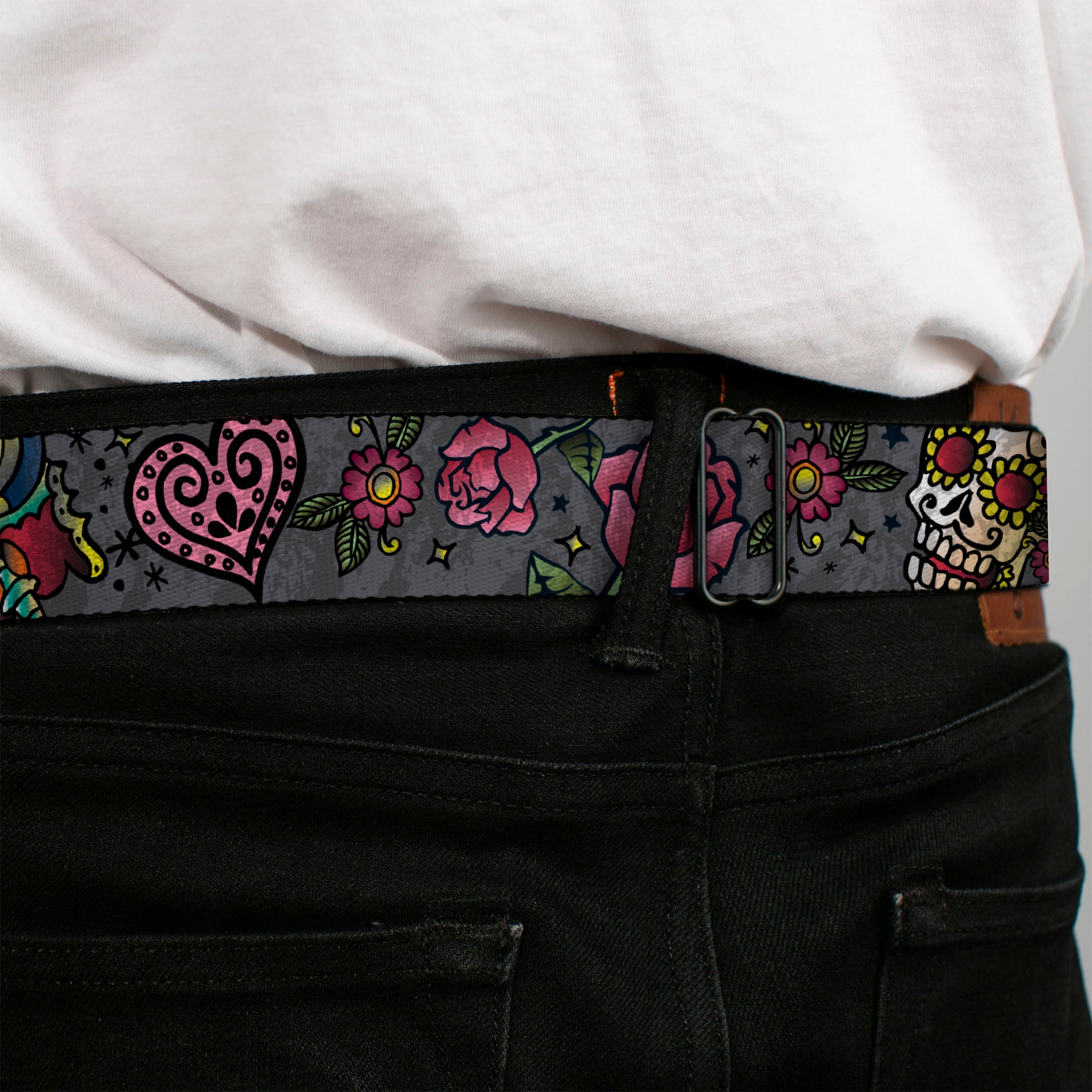 BD Wings Logo CLOSE-UP Full Color Black Silver Seatbelt Belt - Love Kills CLOSE-UP Gray Webbing Seatbelt Belts Buckle-Down