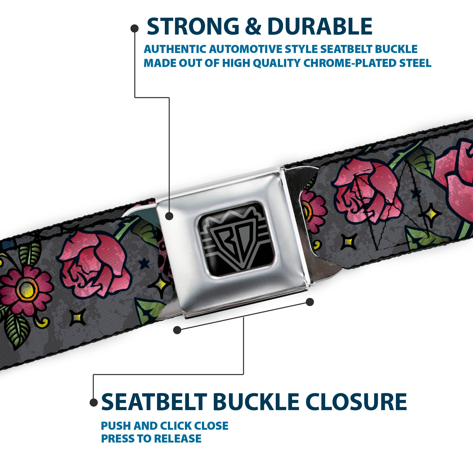 BD Wings Logo CLOSE-UP Full Color Black Silver Seatbelt Belt - Love Kills CLOSE-UP Gray Webbing Seatbelt Belts Buckle-Down