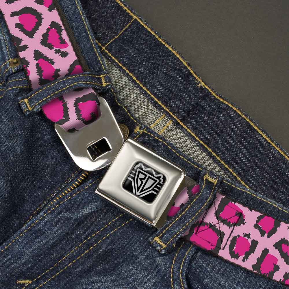 BD Wings Logo CLOSE-UP Full Color Black Silver Seatbelt Belt - Leopard CLOSE-UP Pink Webbing Seatbelt Belts Buckle-Down