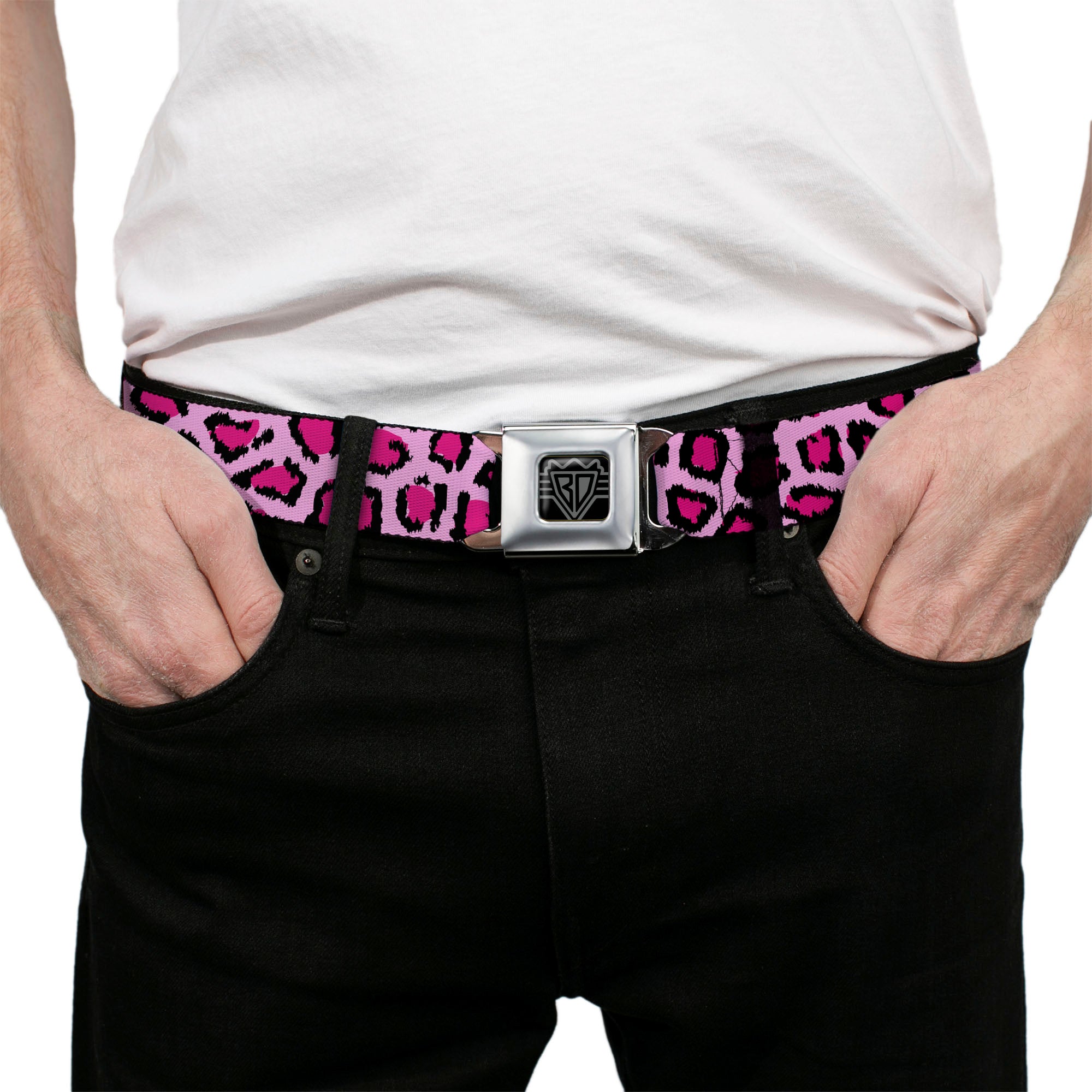 BD Wings Logo CLOSE-UP Full Color Black Silver Seatbelt Belt - Leopard CLOSE-UP Pink Webbing Seatbelt Belts Buckle-Down