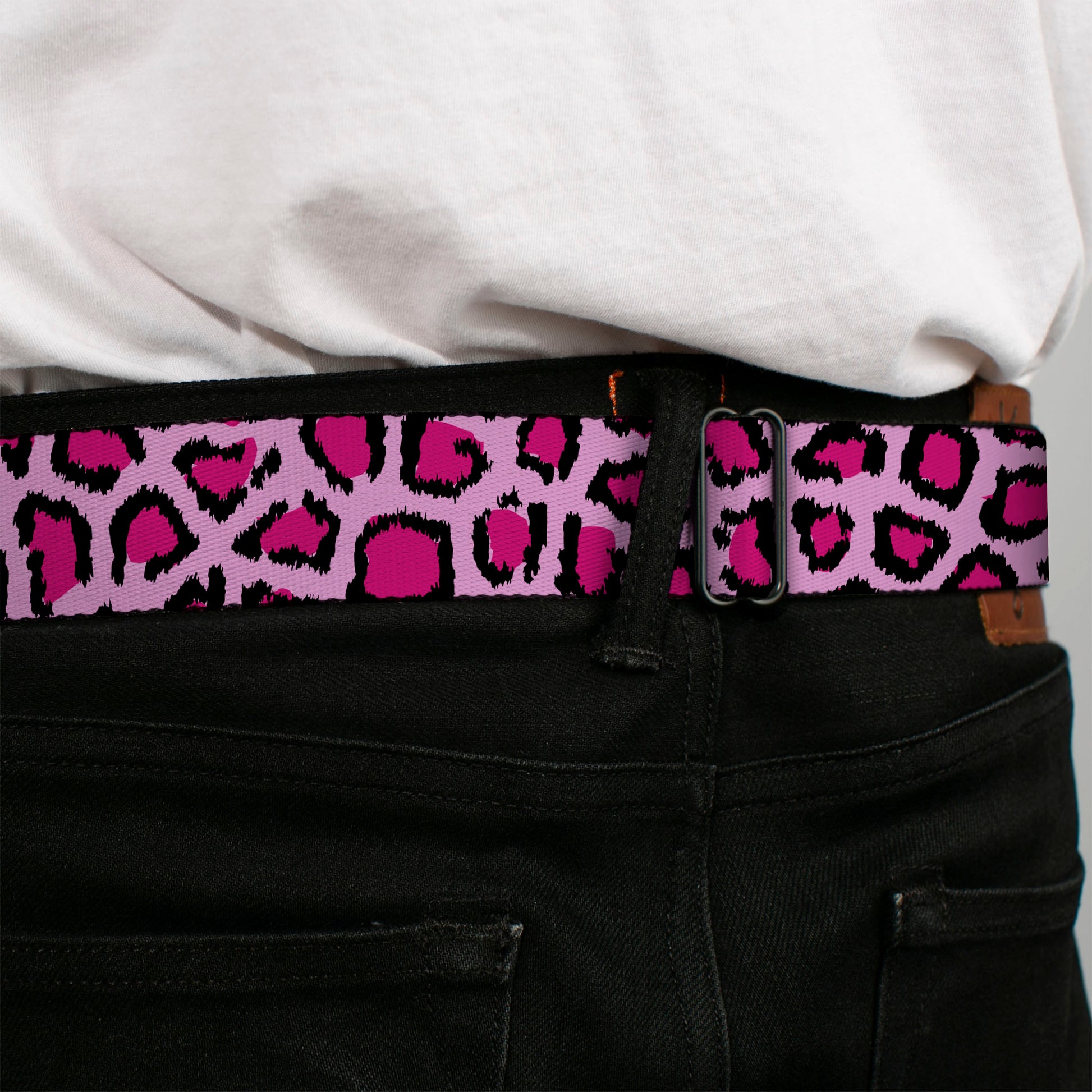 BD Wings Logo CLOSE-UP Full Color Black Silver Seatbelt Belt - Leopard CLOSE-UP Pink Webbing Seatbelt Belts Buckle-Down