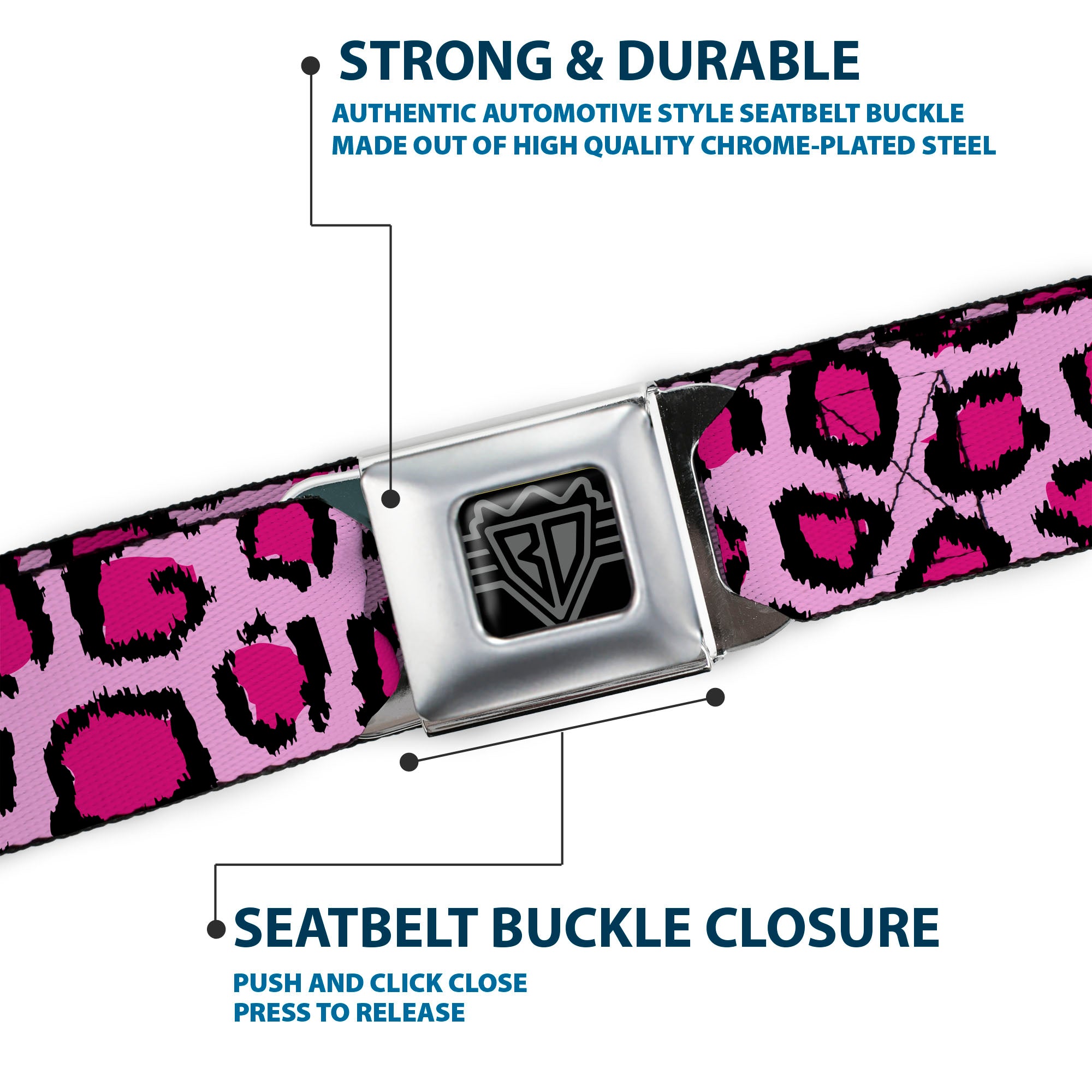BD Wings Logo CLOSE-UP Full Color Black Silver Seatbelt Belt - Leopard CLOSE-UP Pink Webbing Seatbelt Belts Buckle-Down