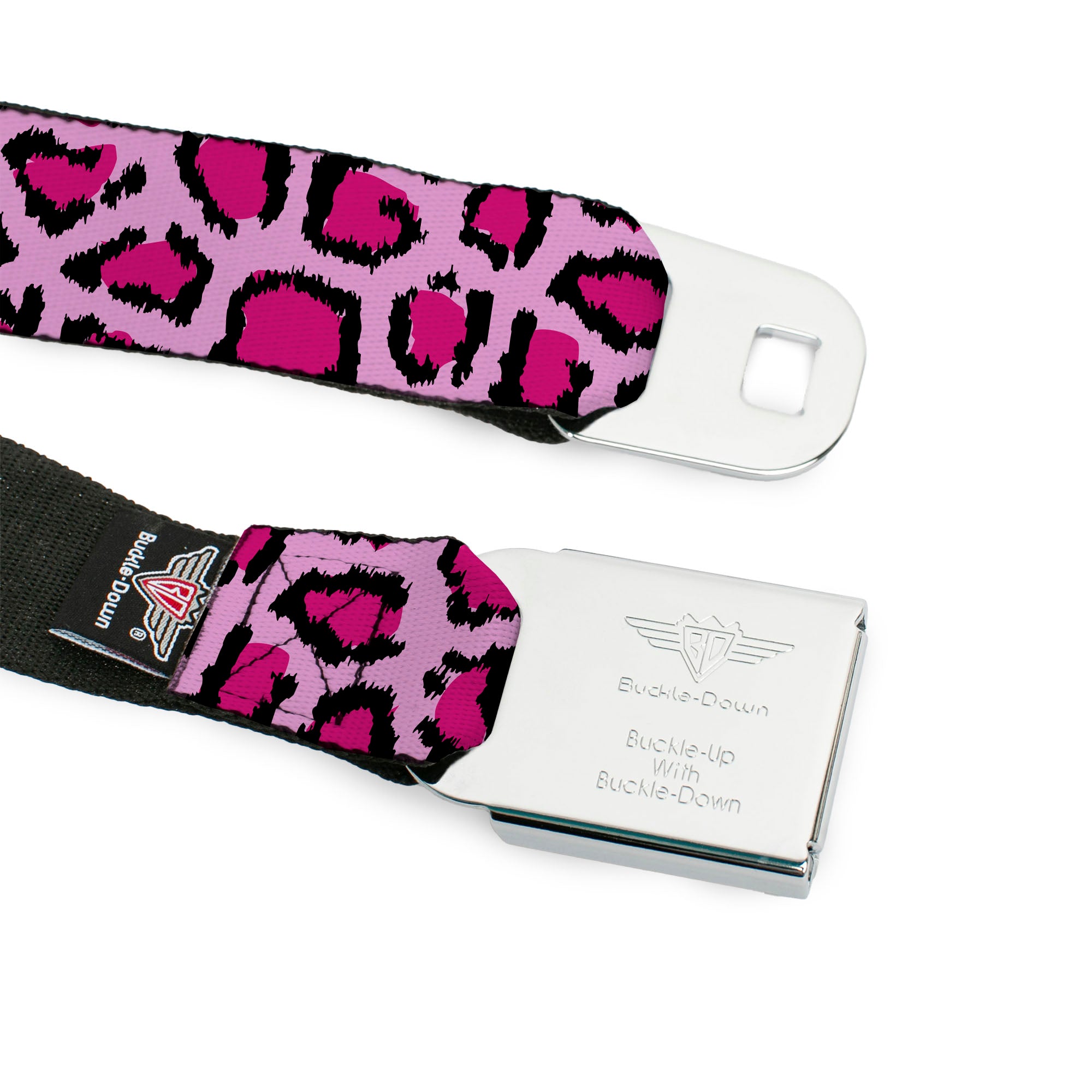 BD Wings Logo CLOSE-UP Full Color Black Silver Seatbelt Belt - Leopard CLOSE-UP Pink Webbing Seatbelt Belts Buckle-Down