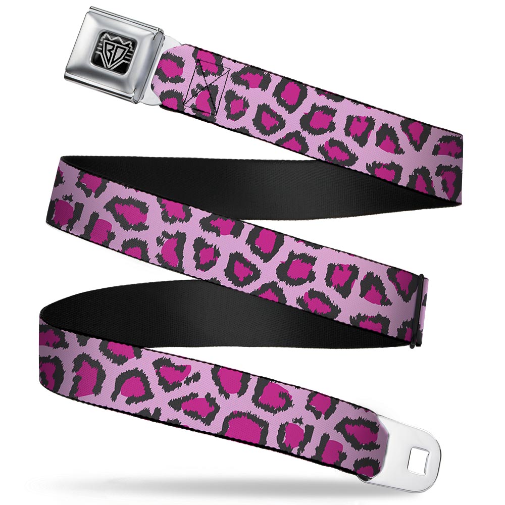 BD Wings Logo CLOSE-UP Full Color Black Silver Seatbelt Belt - Leopard CLOSE-UP Pink Webbing Seatbelt Belts Buckle-Down