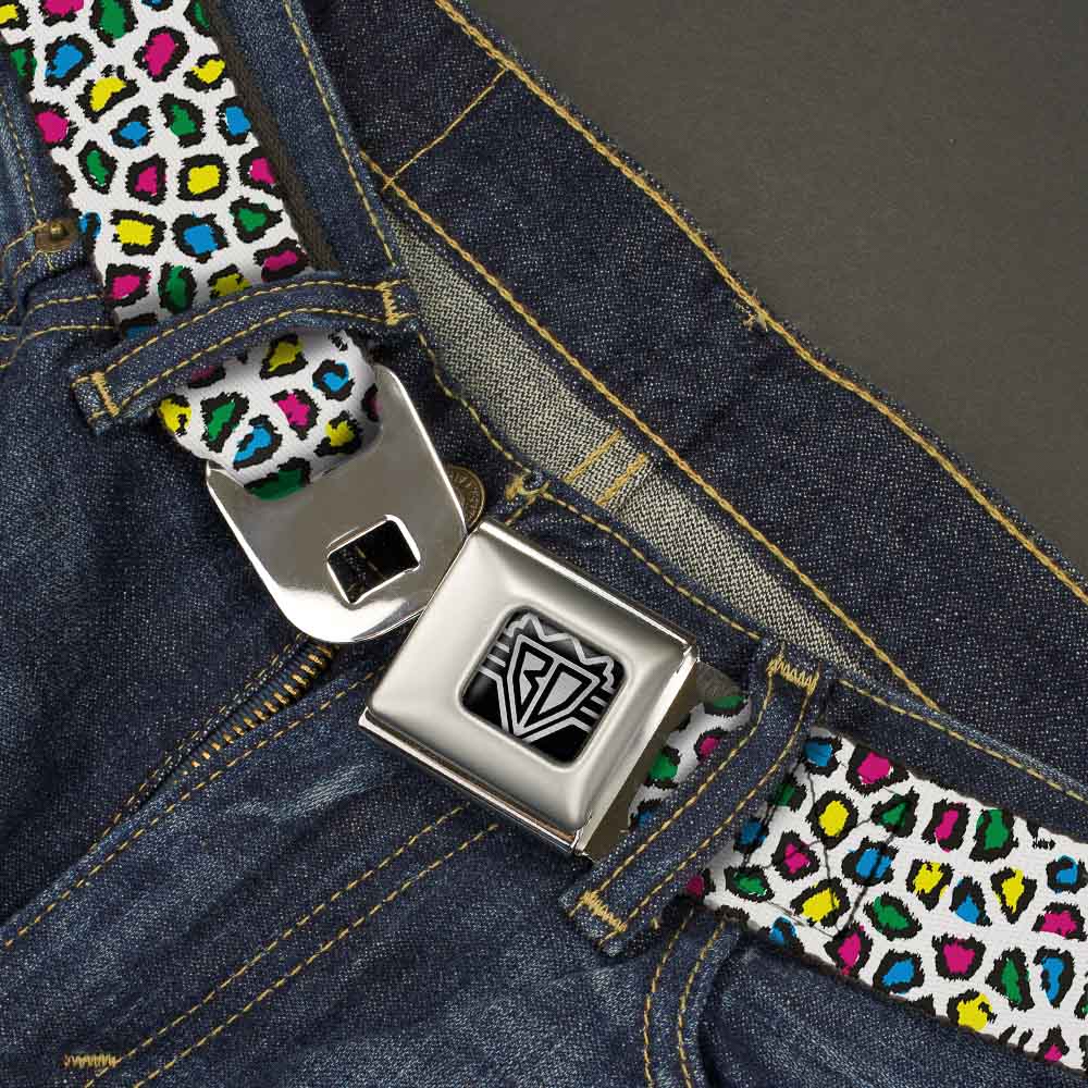 BD Wings Logo CLOSE-UP Full Color Black Silver Seatbelt Belt - Leopard White/Multi Color Webbing Seatbelt Belts Buckle-Down