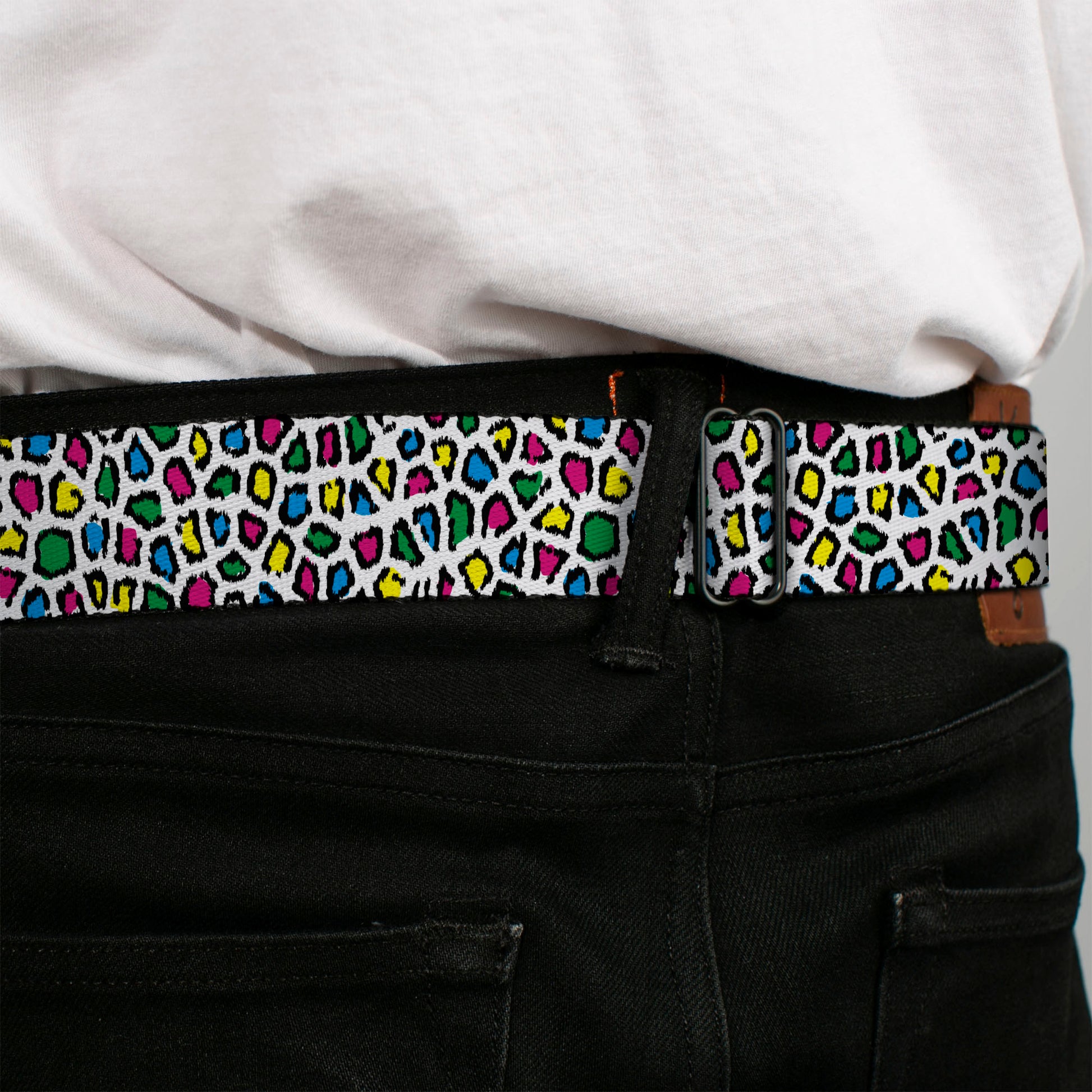 BD Wings Logo CLOSE-UP Full Color Black Silver Seatbelt Belt - Leopard White/Multi Color Webbing Seatbelt Belts Buckle-Down