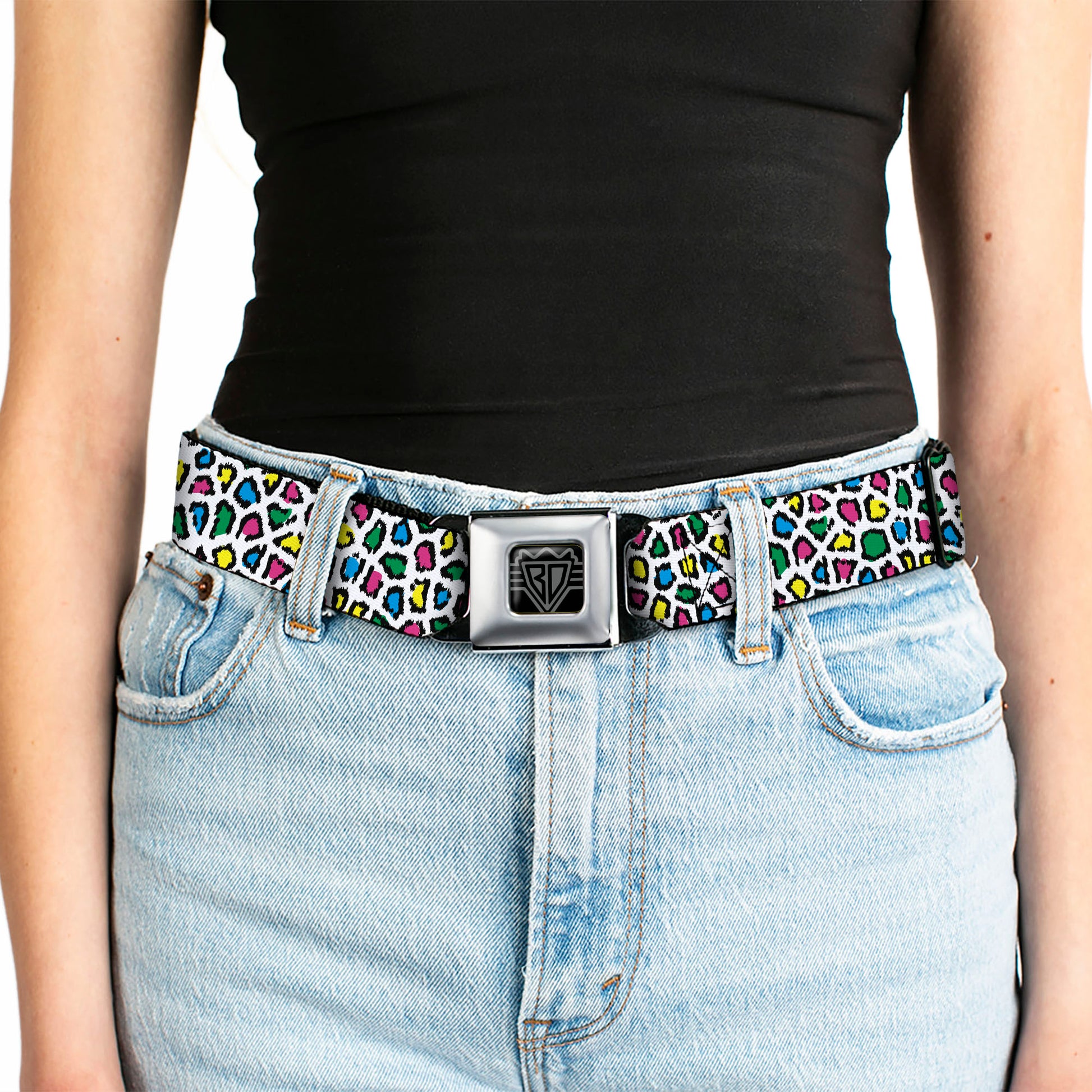 BD Wings Logo CLOSE-UP Full Color Black Silver Seatbelt Belt - Leopard White/Multi Color Webbing Seatbelt Belts Buckle-Down