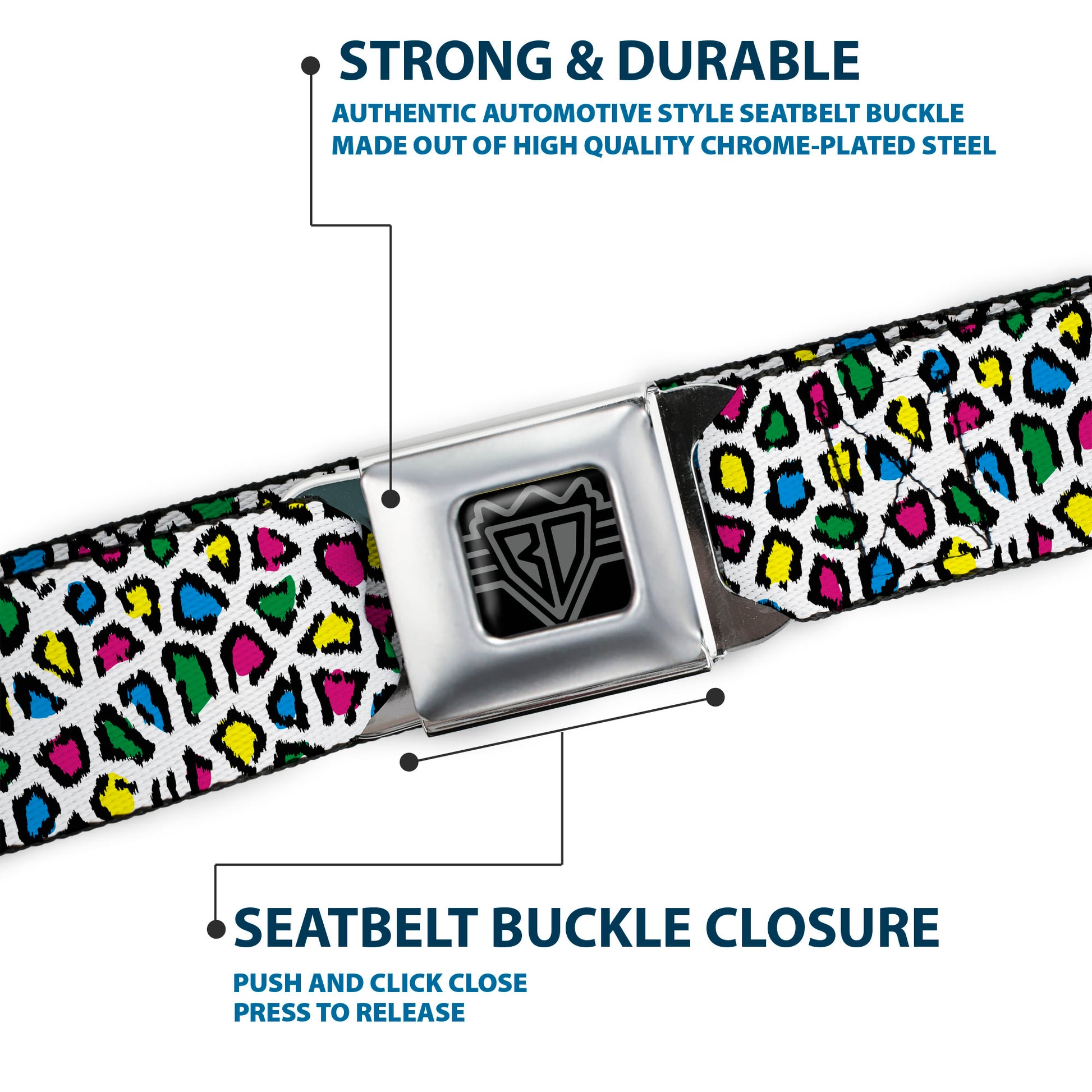 BD Wings Logo CLOSE-UP Full Color Black Silver Seatbelt Belt - Leopard White/Multi Color Webbing Seatbelt Belts Buckle-Down