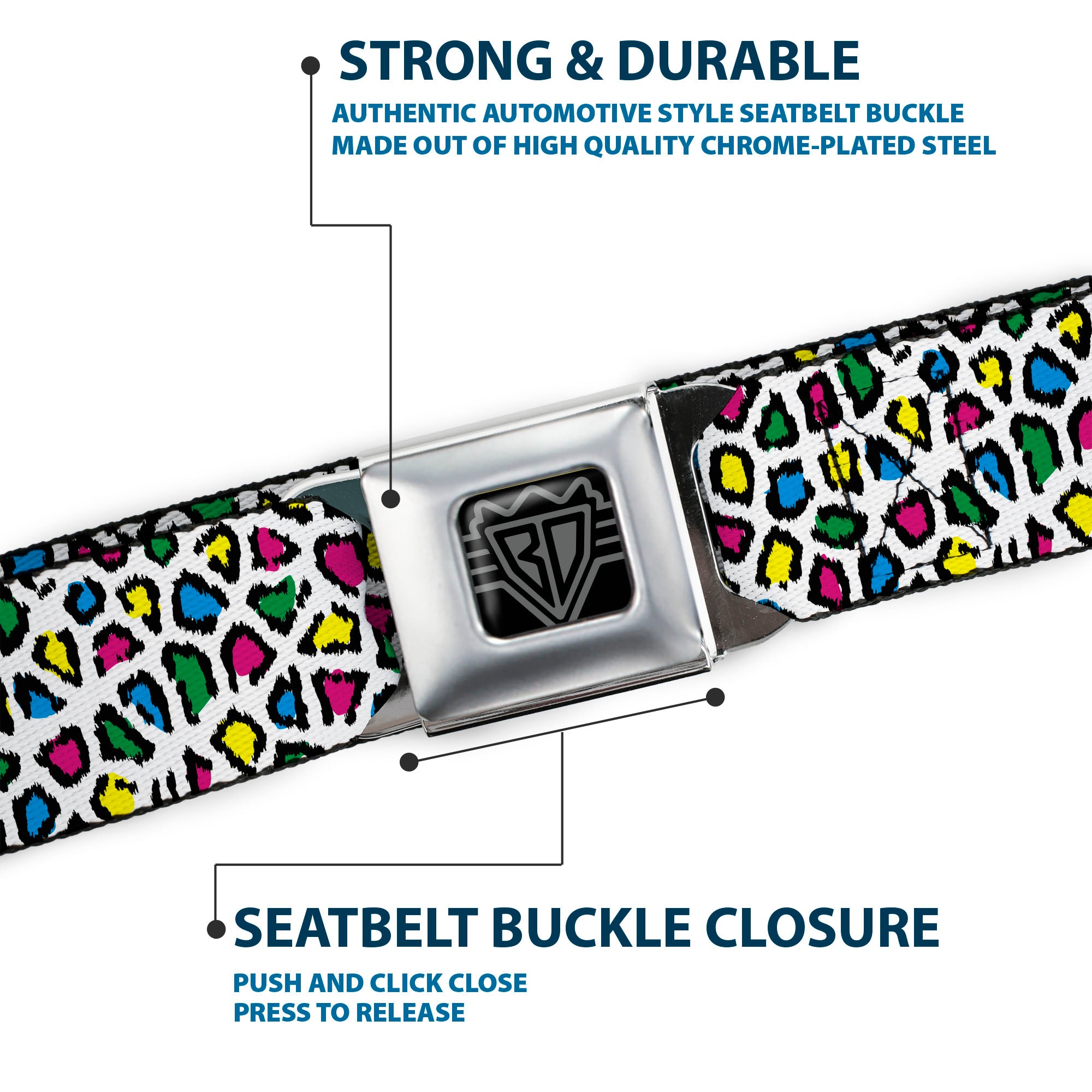BD Wings Logo CLOSE-UP Full Color Black Silver Seatbelt Belt - Leopard White/Multi Color Webbing Seatbelt Belts Buckle-Down