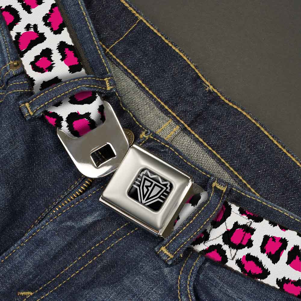 BD Wings Logo CLOSE-UP Full Color Black Silver Seatbelt Belt - Leopard White/Fuchsia Webbing Seatbelt Belts Buckle-Down