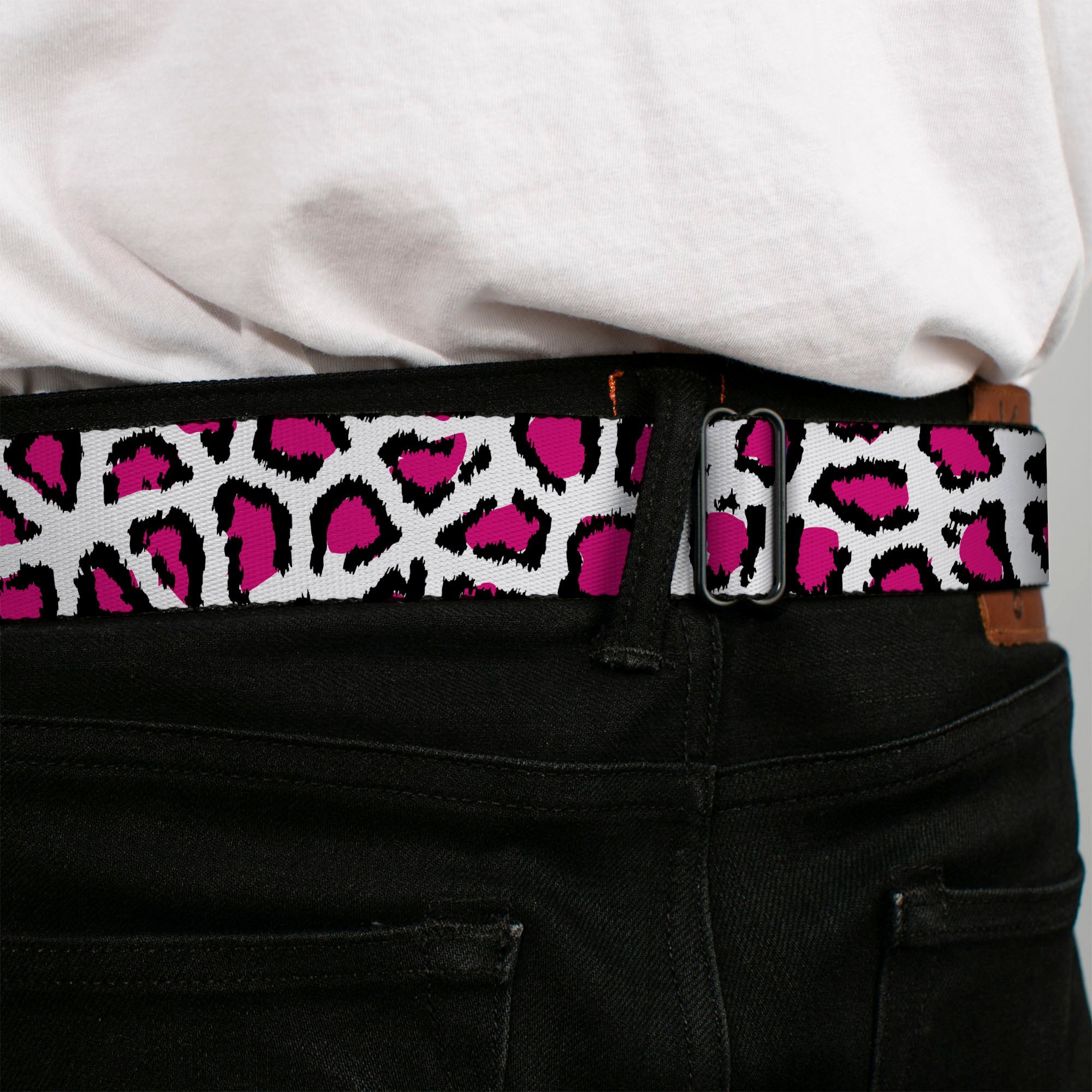 BD Wings Logo CLOSE-UP Full Color Black Silver Seatbelt Belt - Leopard White/Fuchsia Webbing Seatbelt Belts Buckle-Down