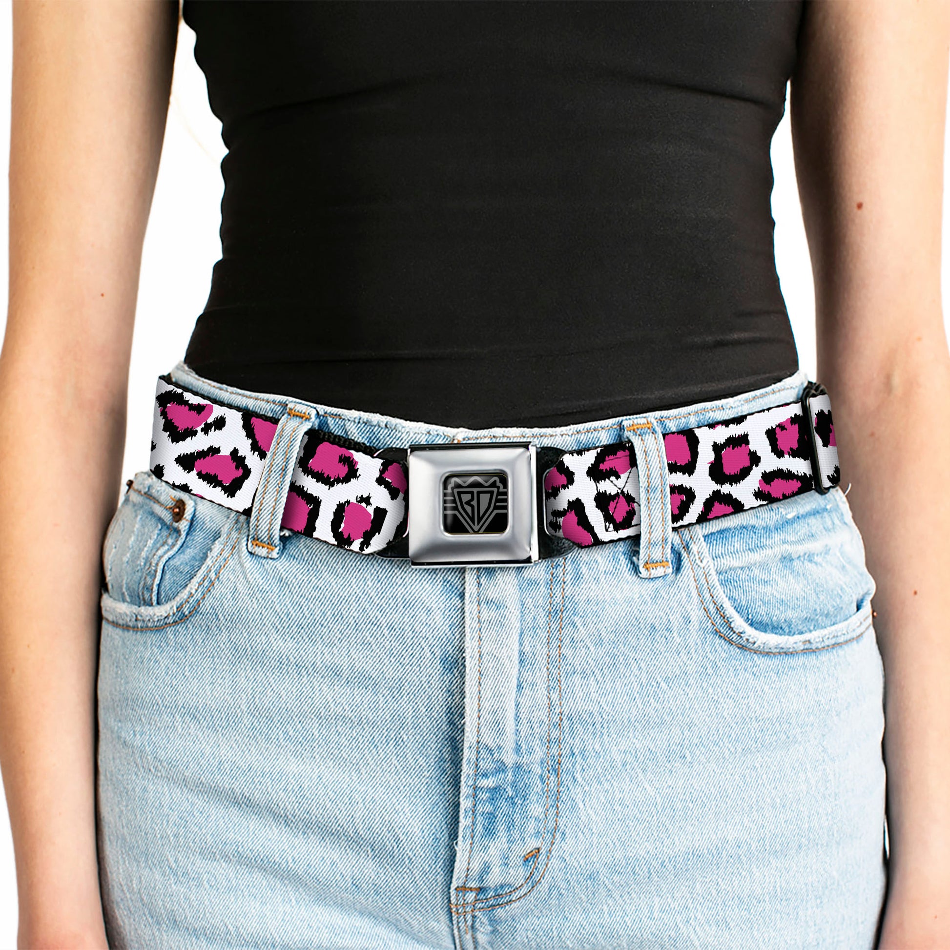 BD Wings Logo CLOSE-UP Full Color Black Silver Seatbelt Belt - Leopard White/Fuchsia Webbing Seatbelt Belts Buckle-Down