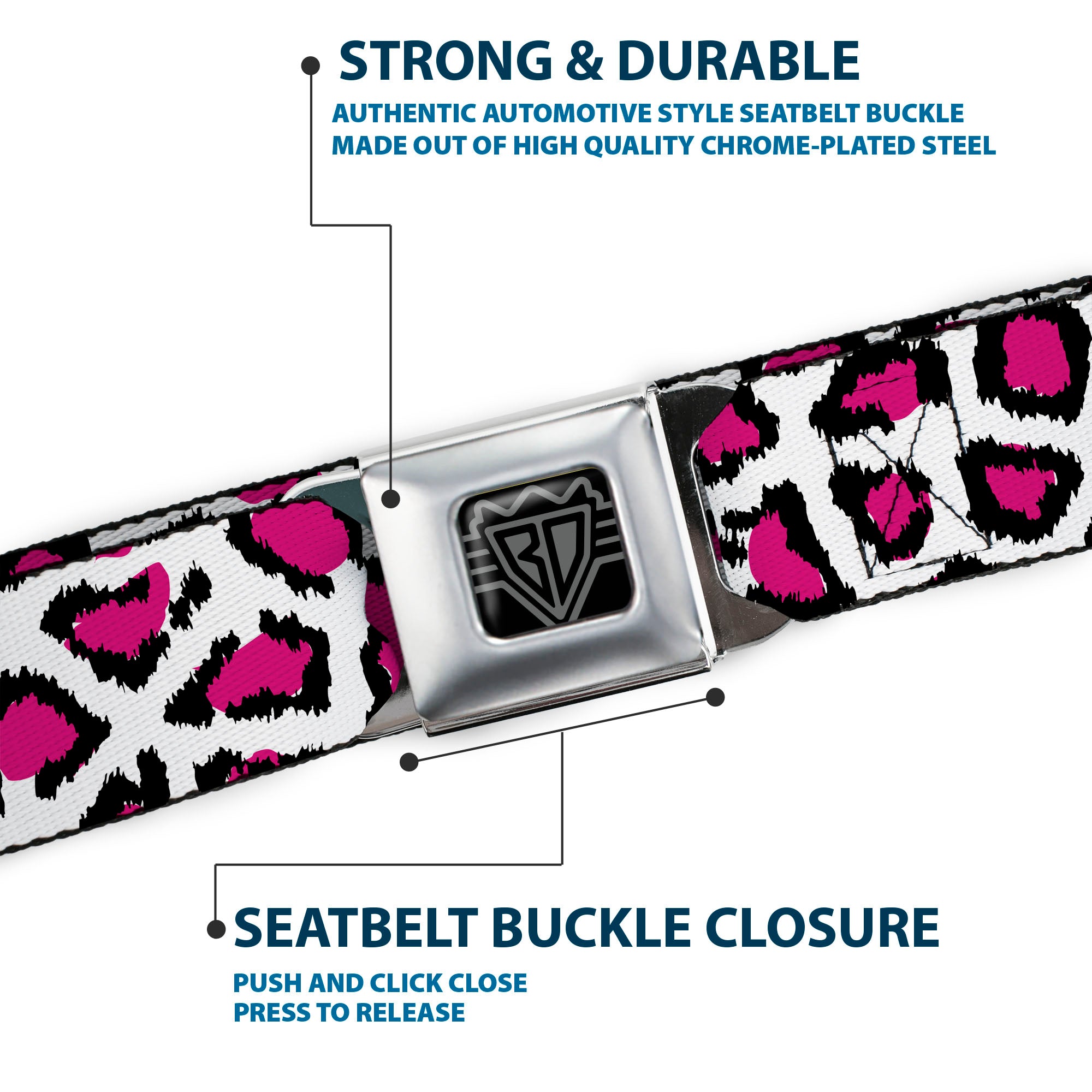 BD Wings Logo CLOSE-UP Full Color Black Silver Seatbelt Belt - Leopard White/Fuchsia Webbing Seatbelt Belts Buckle-Down