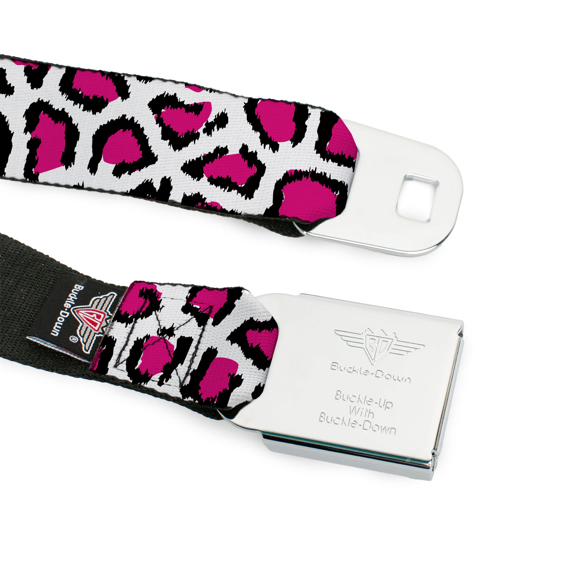 BD Wings Logo CLOSE-UP Full Color Black Silver Seatbelt Belt - Leopard White/Fuchsia Webbing Seatbelt Belts Buckle-Down