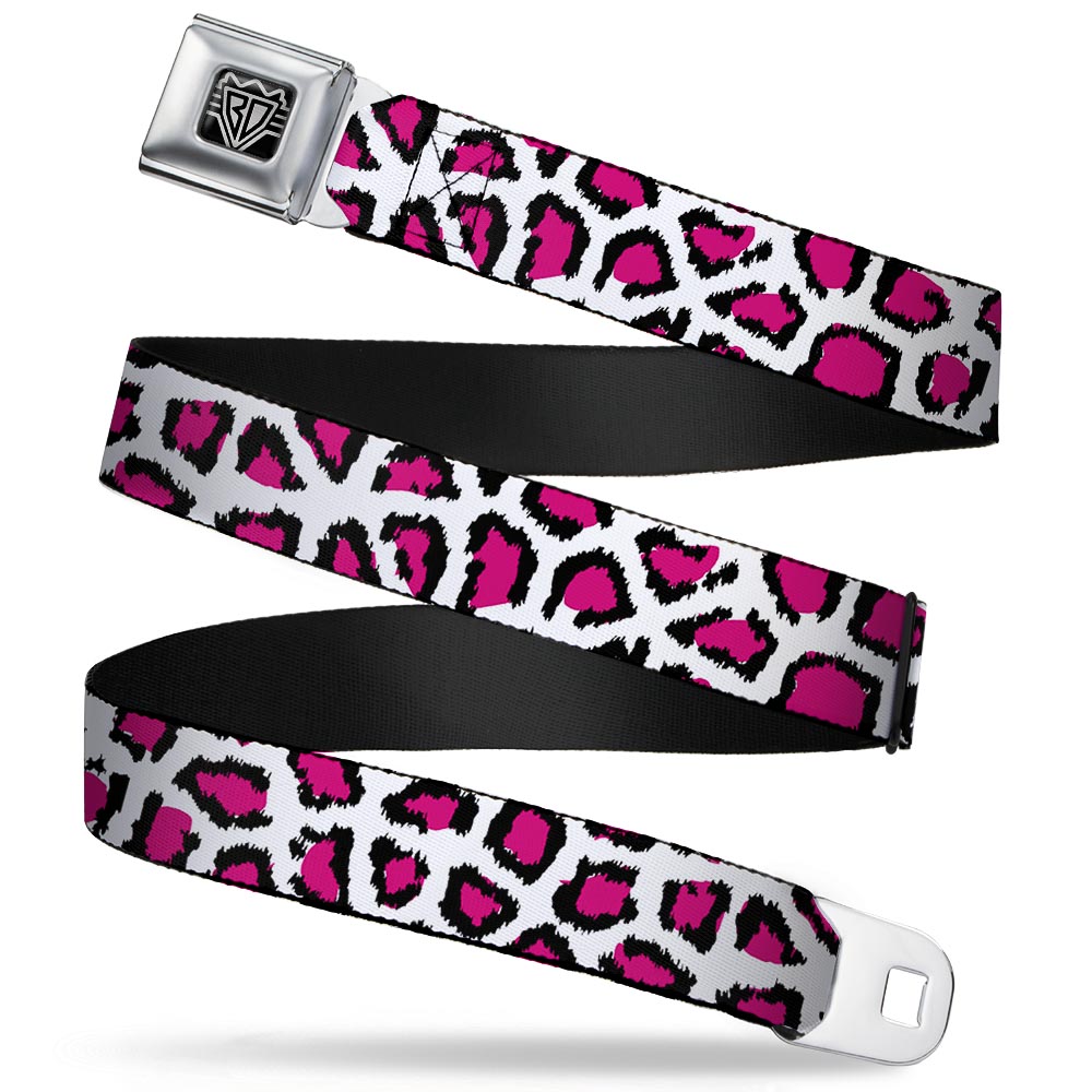 BD Wings Logo CLOSE-UP Full Color Black Silver Seatbelt Belt - Leopard White/Fuchsia Webbing Seatbelt Belts Buckle-Down