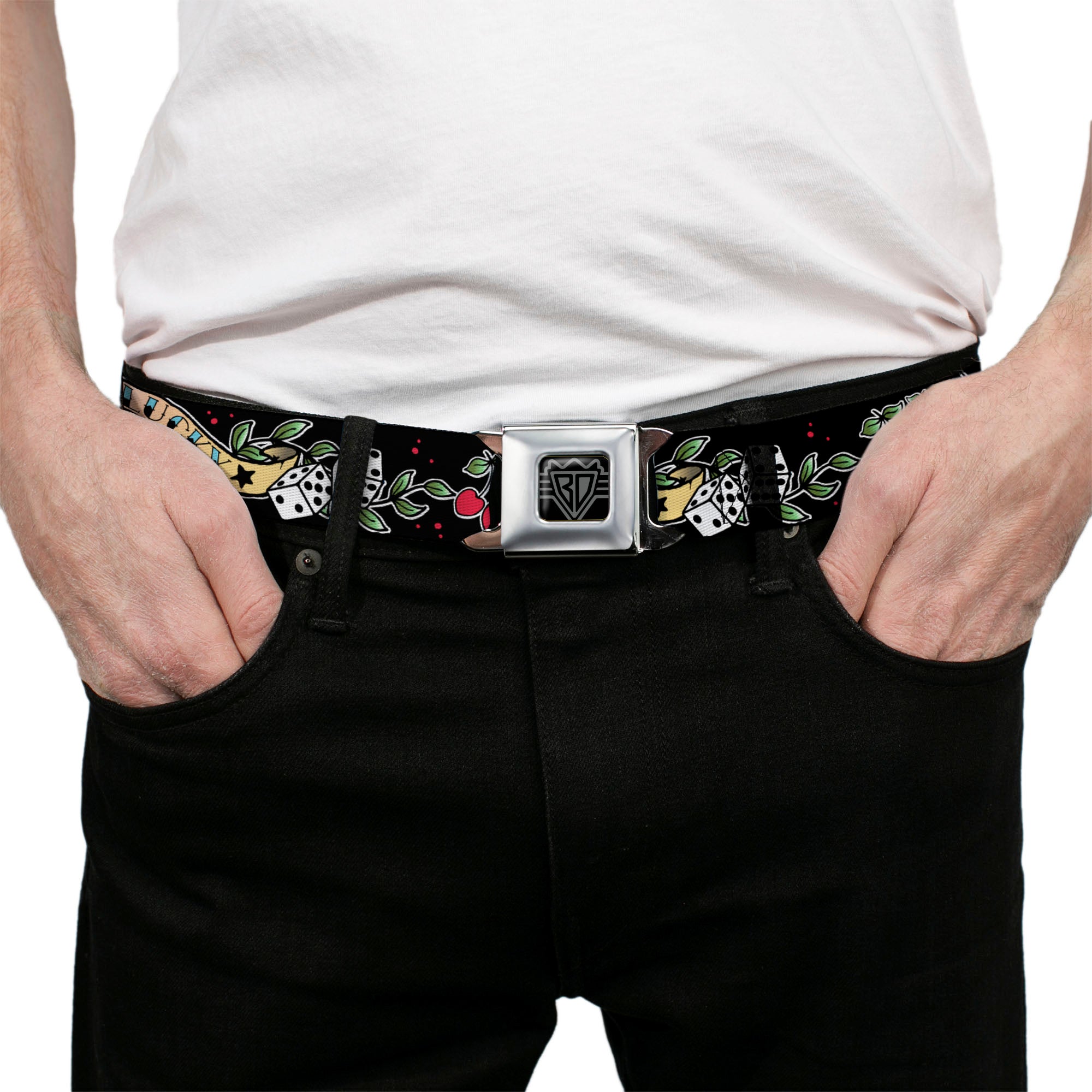 BD Wings Logo CLOSE-UP Full Color Black Silver Seatbelt Belt - Lucky Black Webbing Seatbelt Belts Buckle-Down