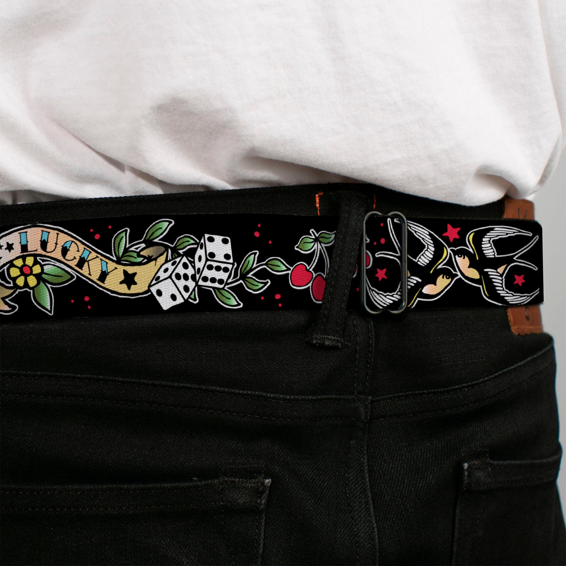 BD Wings Logo CLOSE-UP Full Color Black Silver Seatbelt Belt - Lucky Black Webbing Seatbelt Belts Buckle-Down