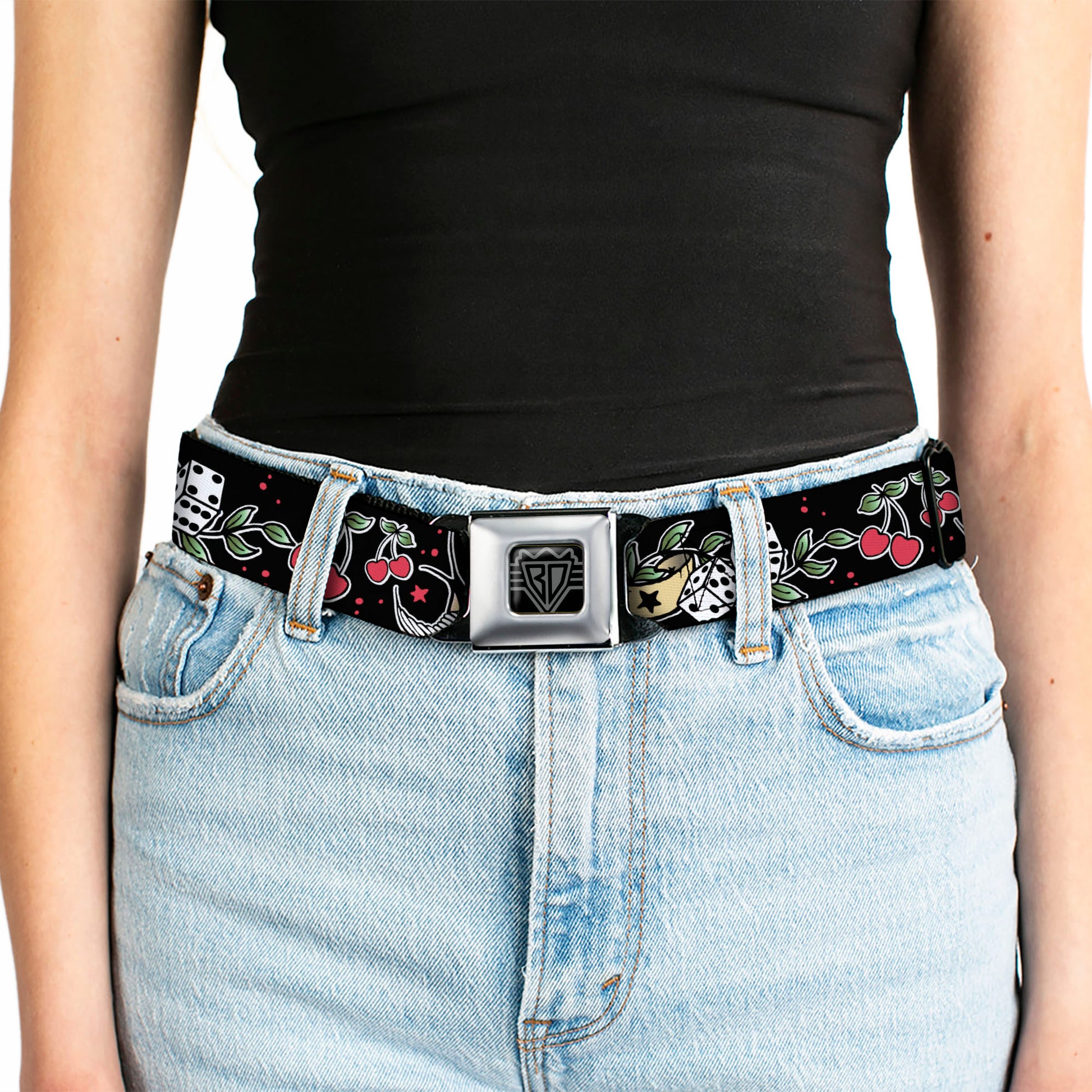 BD Wings Logo CLOSE-UP Full Color Black Silver Seatbelt Belt - Lucky Black Webbing Seatbelt Belts Buckle-Down