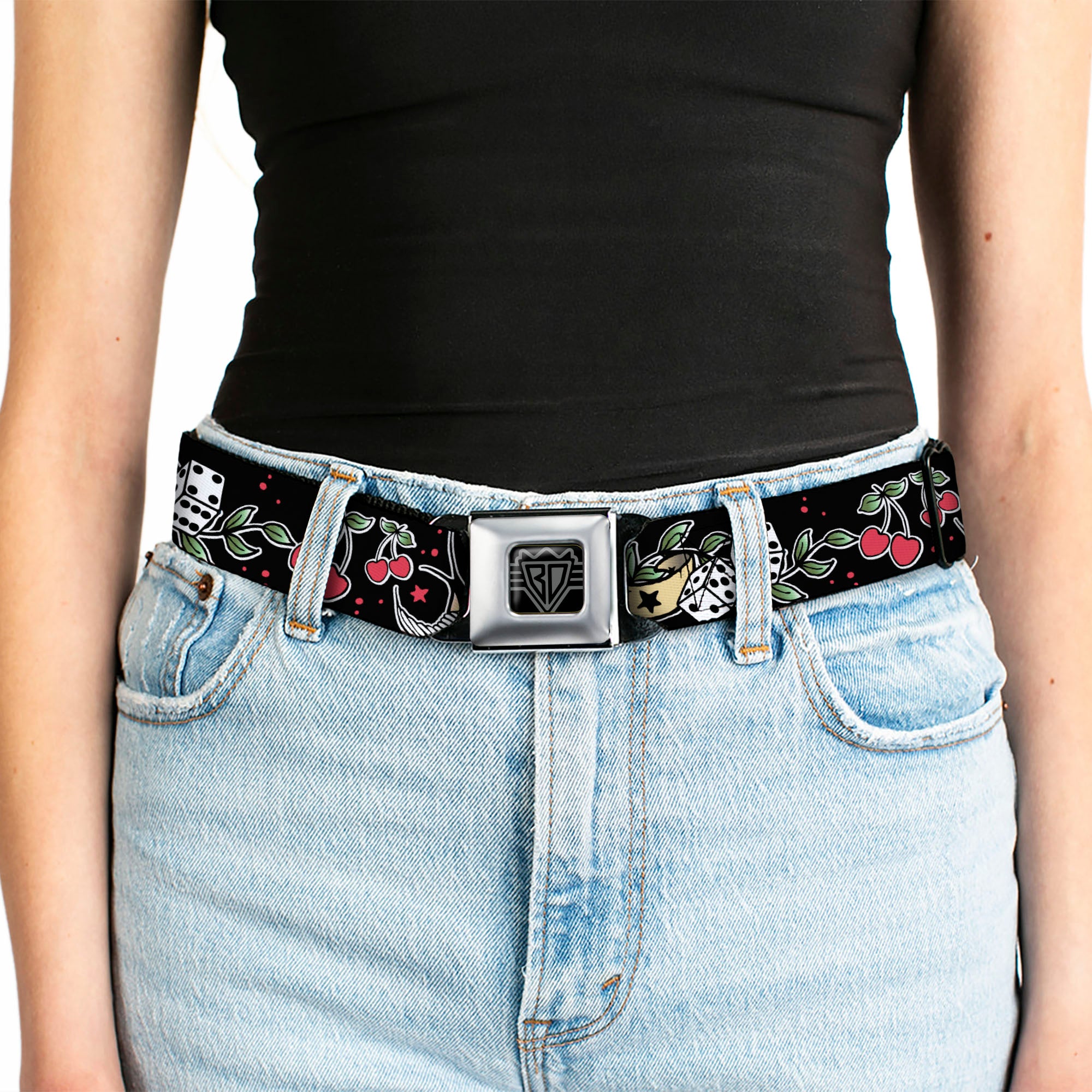 BD Wings Logo CLOSE-UP Full Color Black Silver Seatbelt Belt - Lucky Black Webbing Seatbelt Belts Buckle-Down